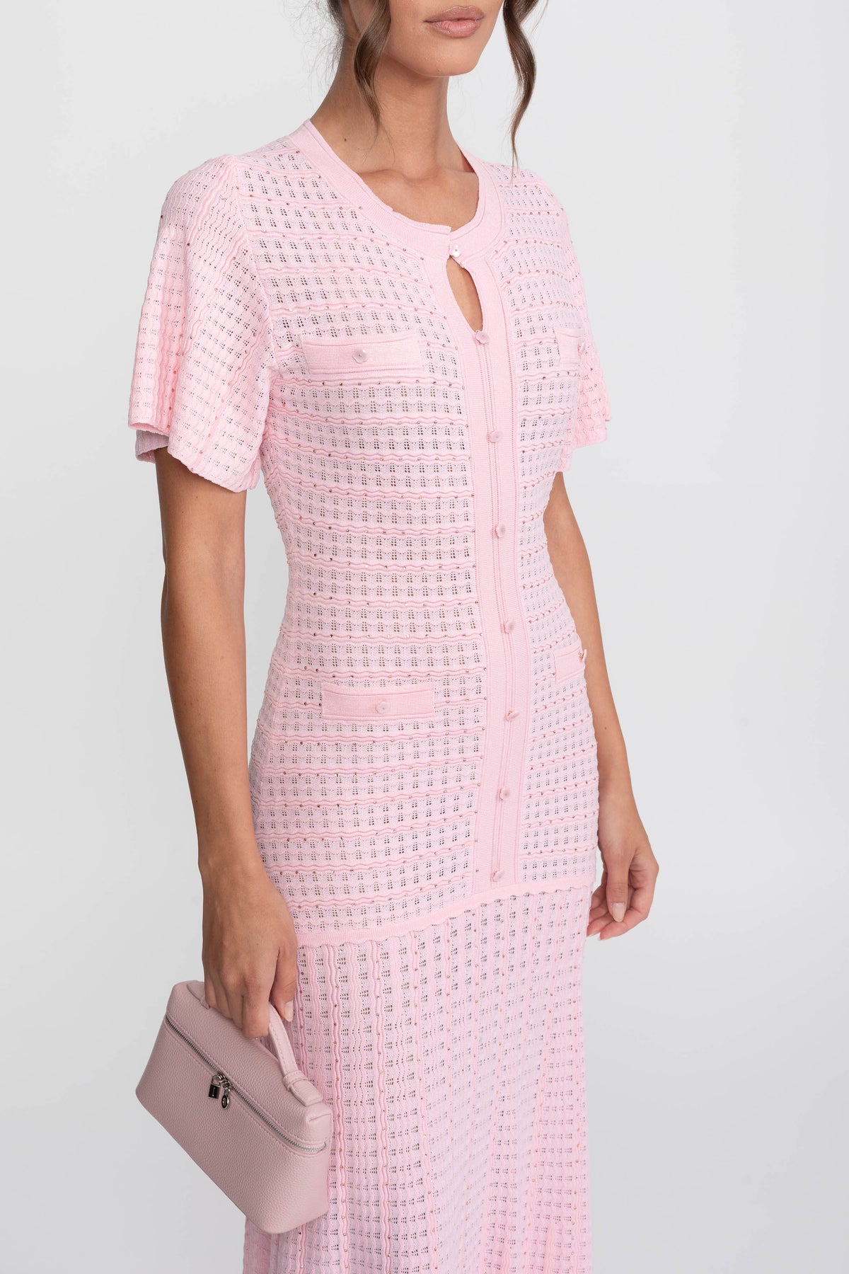 Robe midi à manches courtes avec texture en maille scintillante - Pink 
