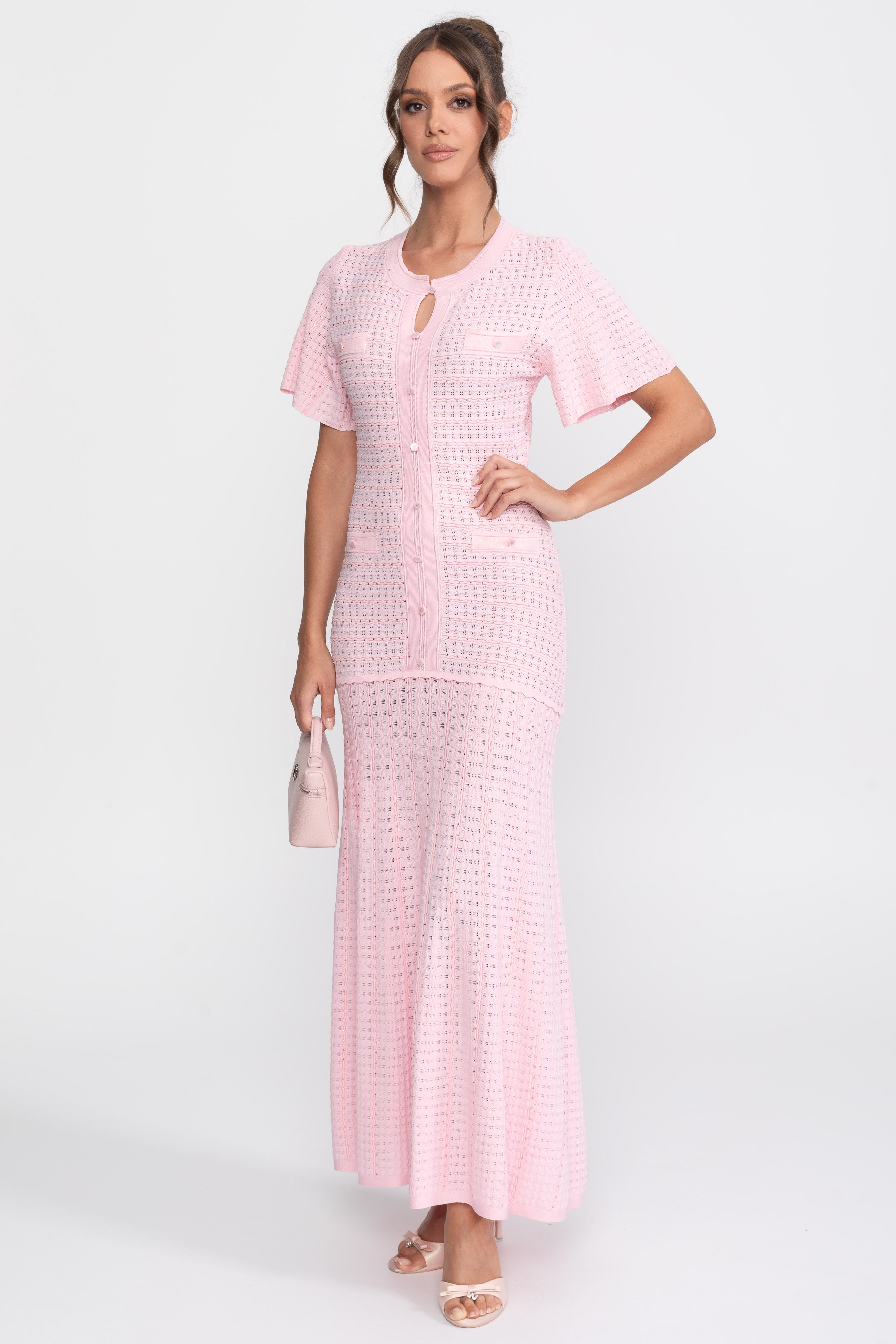 Robe midi à manches courtes avec texture en maille scintillante - Pink 