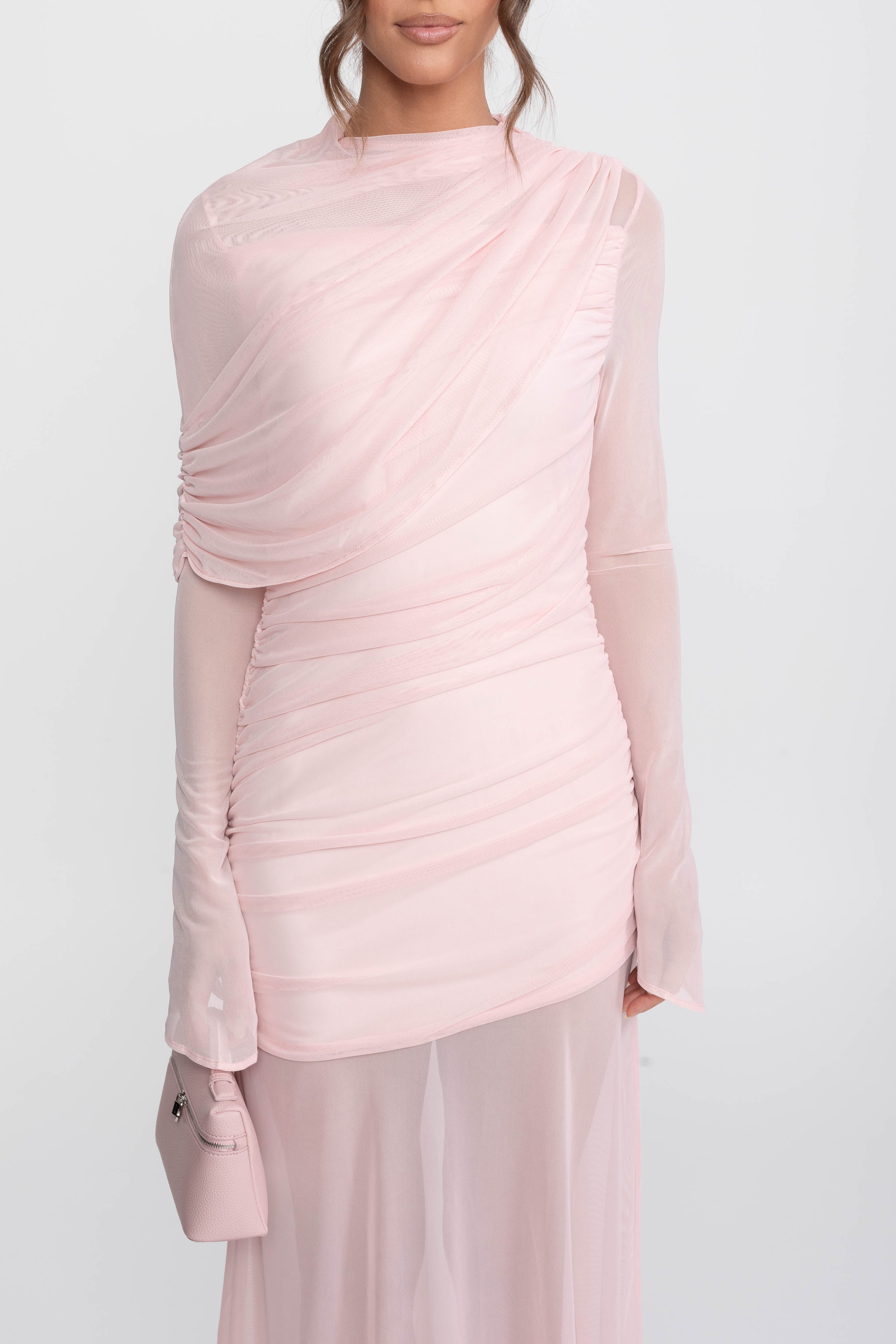 Robe longue à épaule drapée avec jupe transparente - Rose 