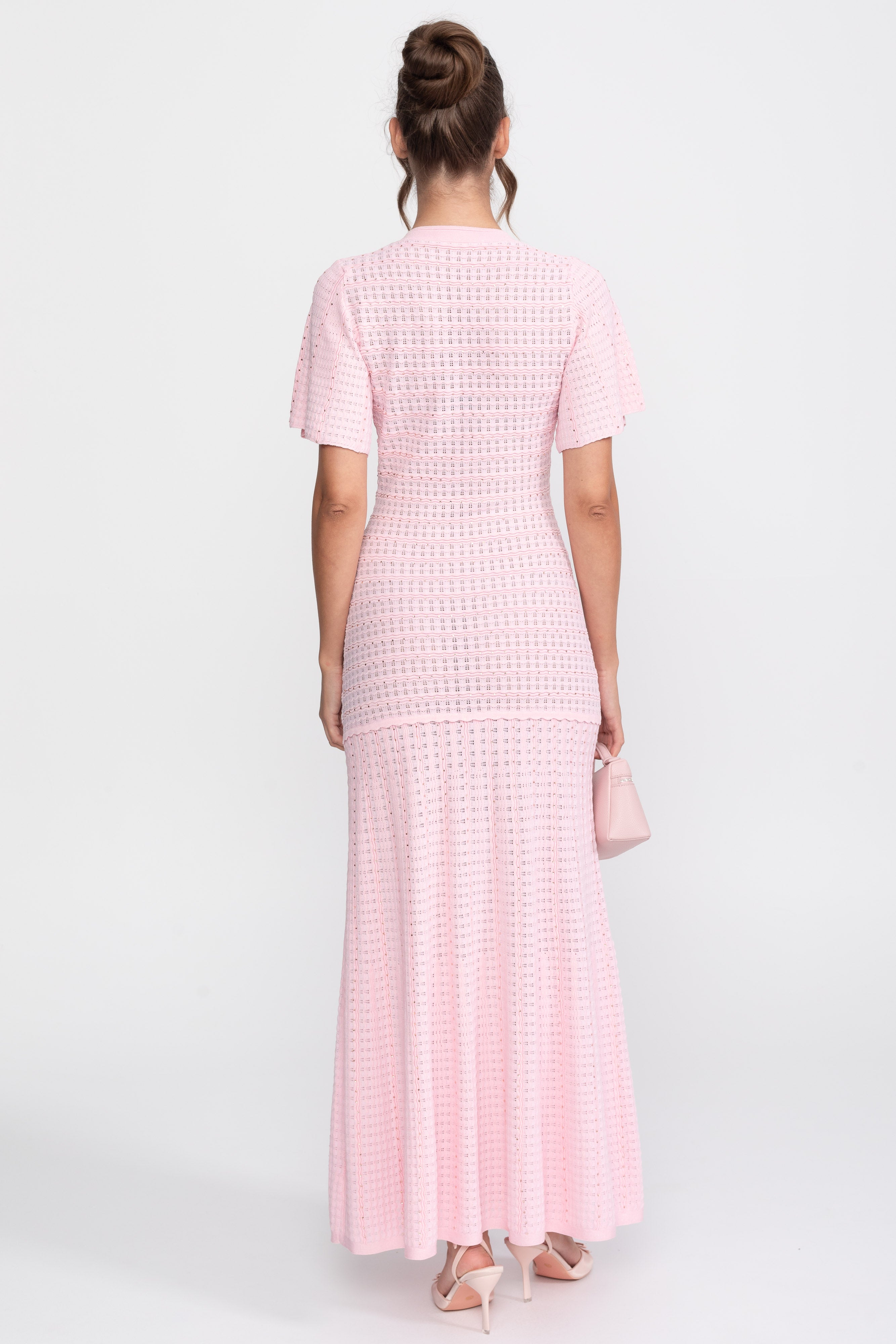 Robe midi à manches courtes avec texture en maille scintillante - Pink 