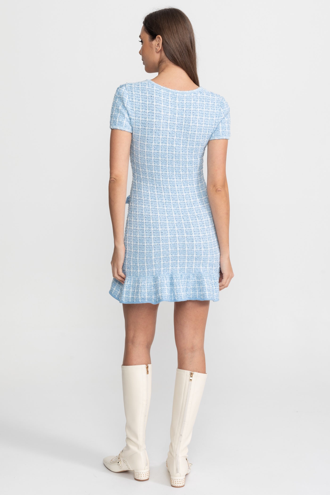Robe mini en tweed texturé avec détail nœud – Bleu clair 