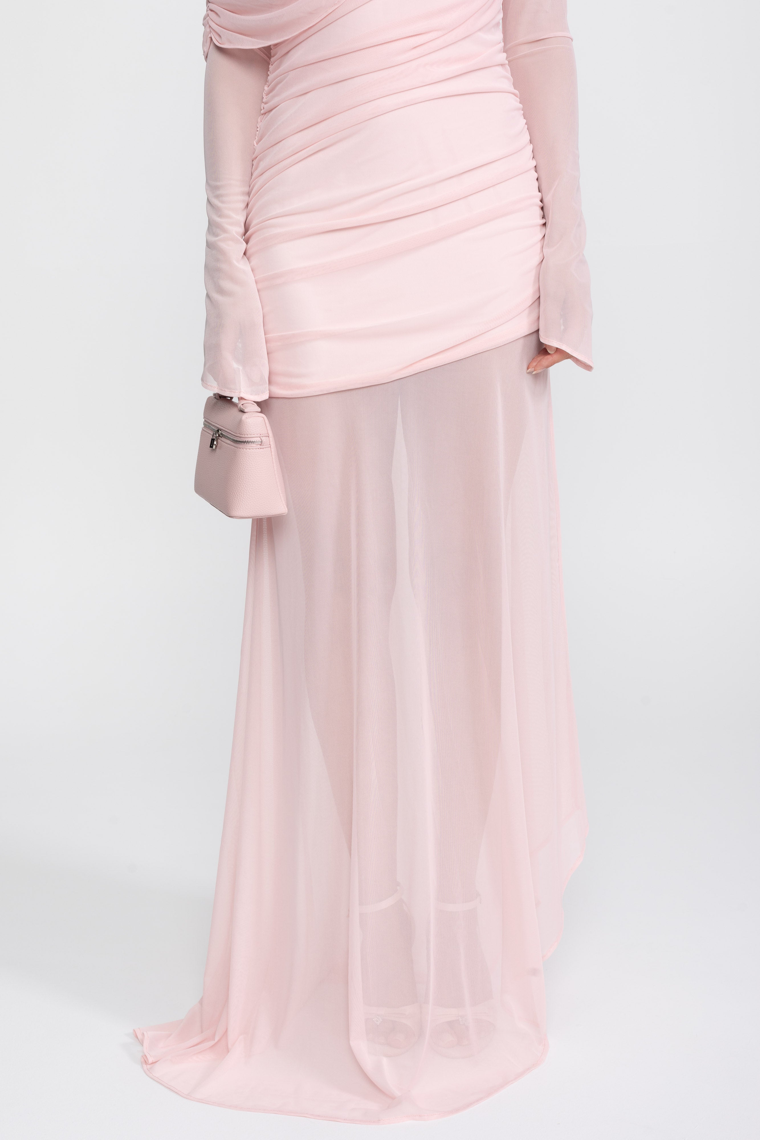 Robe longue à épaule drapée avec jupe transparente - Rose 