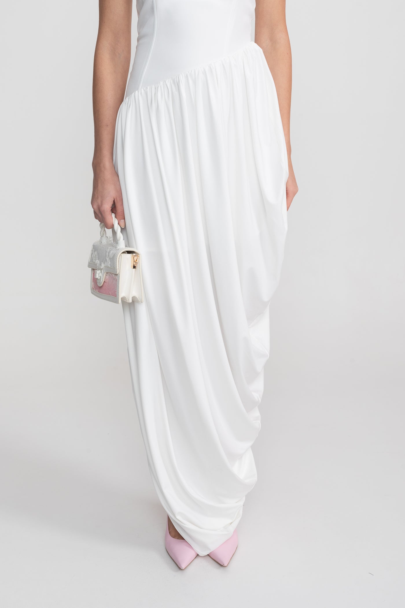 Robe longue bustier avec jupe drapée asymétrique - Blanc 