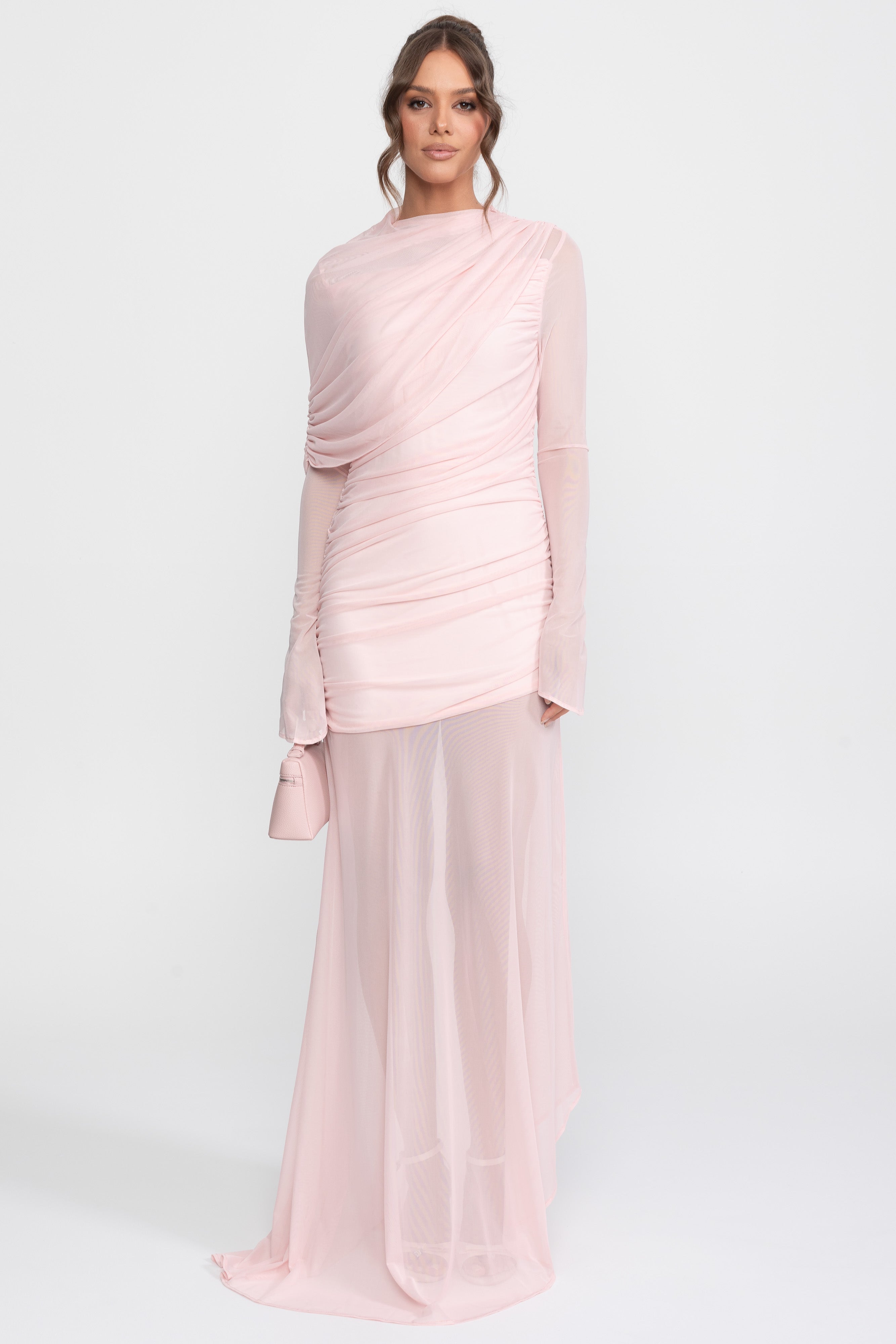 Robe longue à épaule drapée avec jupe transparente - Rose 