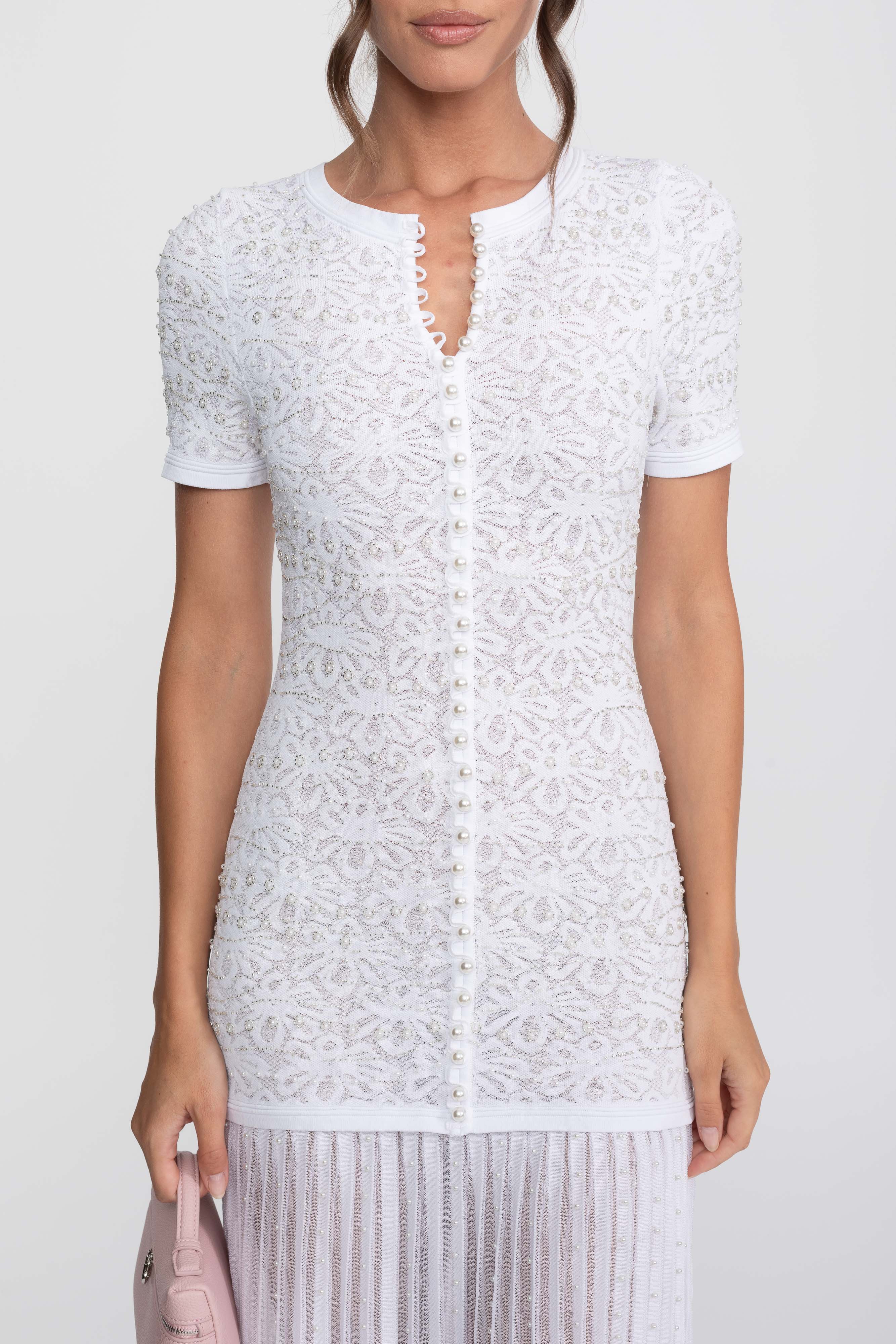 Short Sleeve Midi Dress With Pearl Embellishments - White