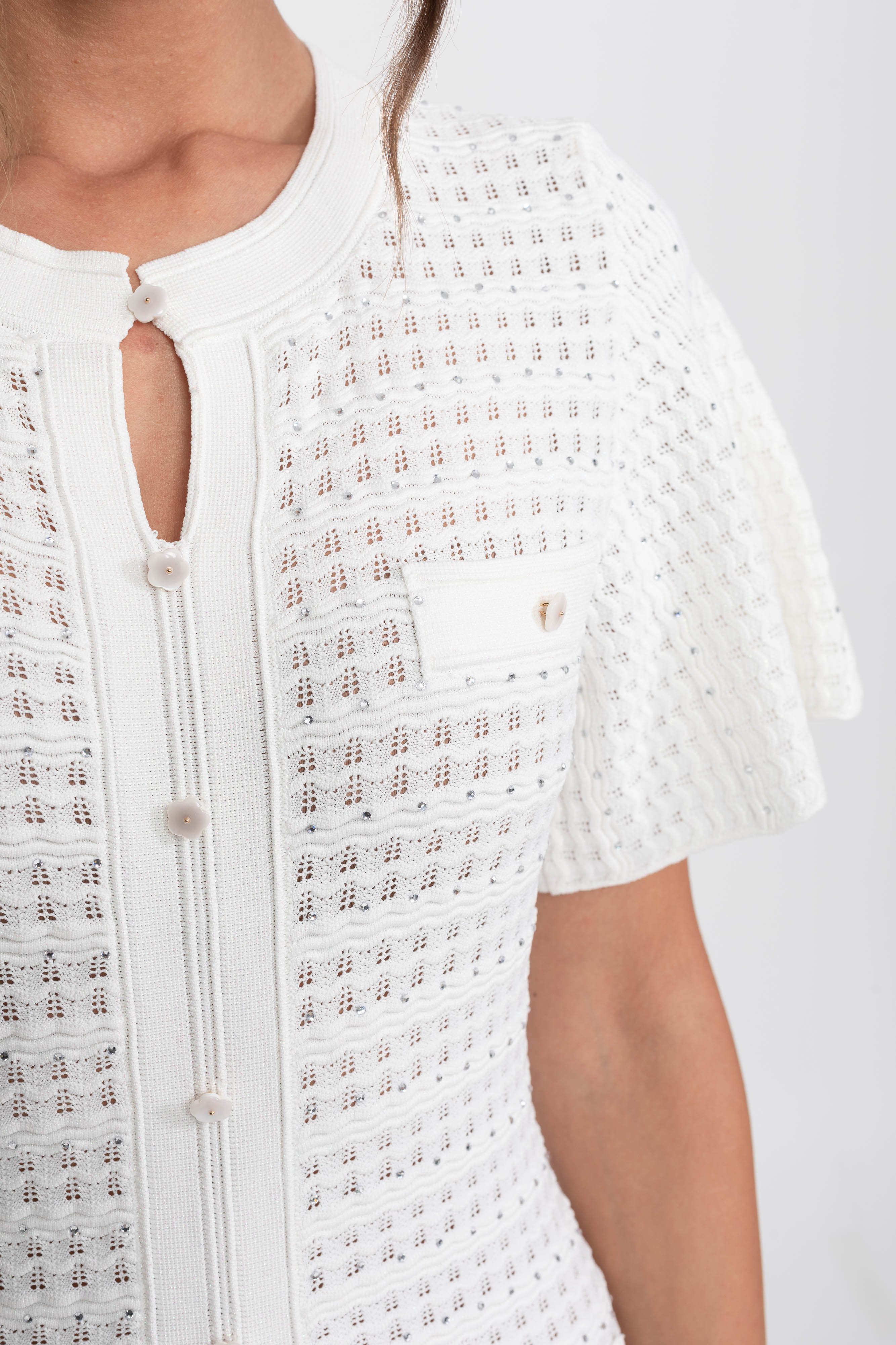 Robe midi à manches courtes avec texture en maille scintillante - Blanc 