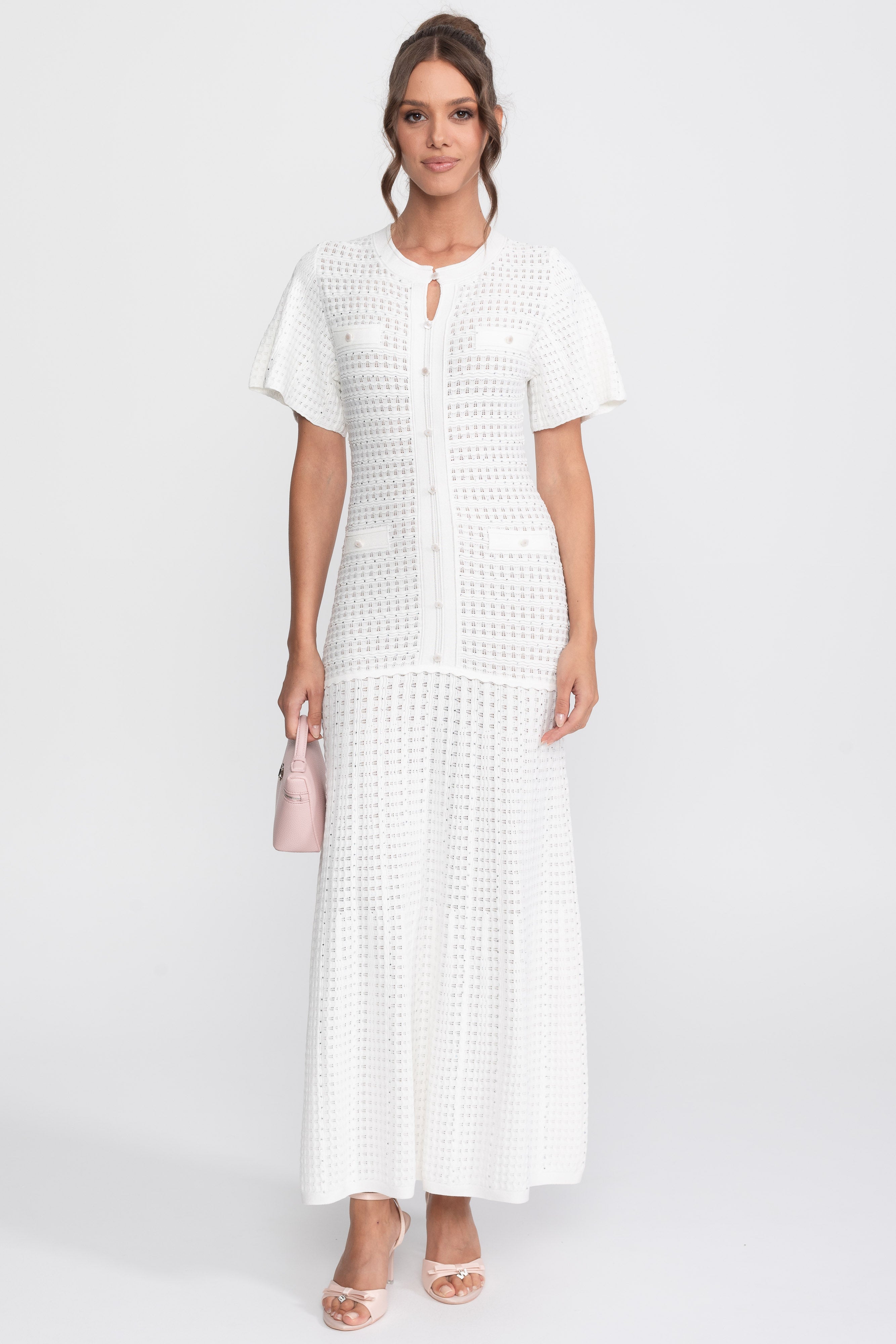 Robe midi à manches courtes avec texture en maille scintillante - Blanc 