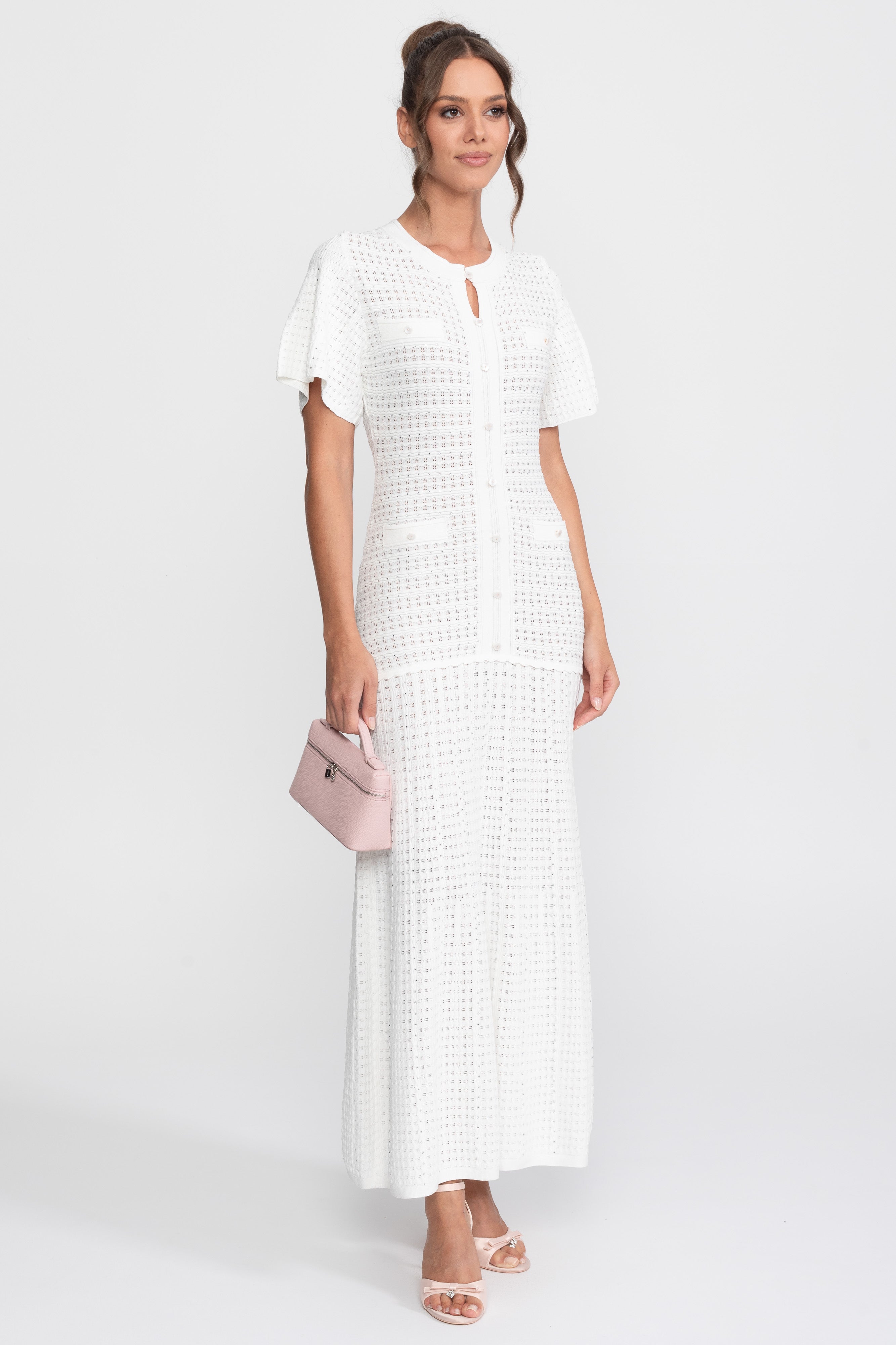 Robe midi à manches courtes avec texture en maille scintillante - Blanc 