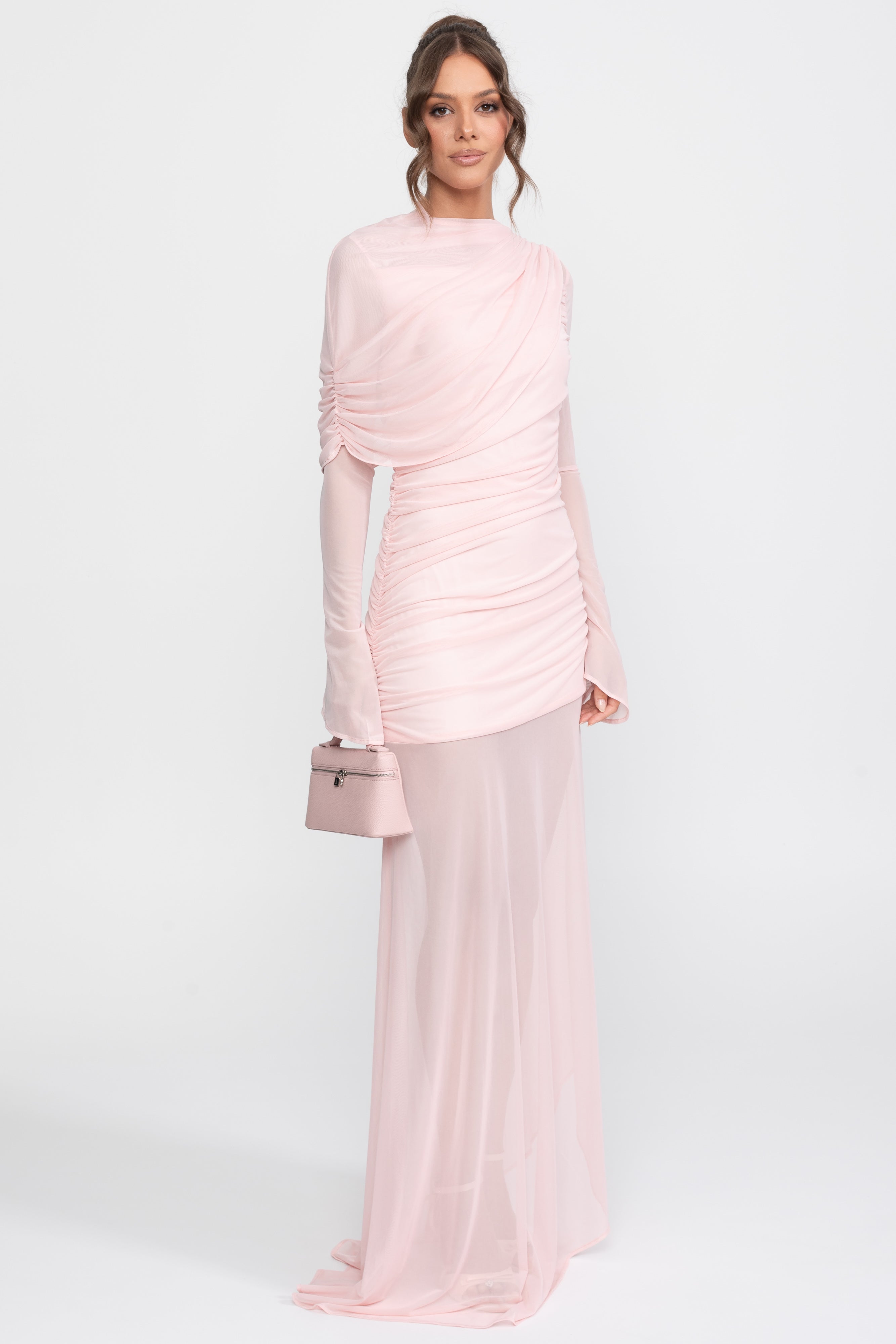 Robe longue à épaule drapée avec jupe transparente - Rose 