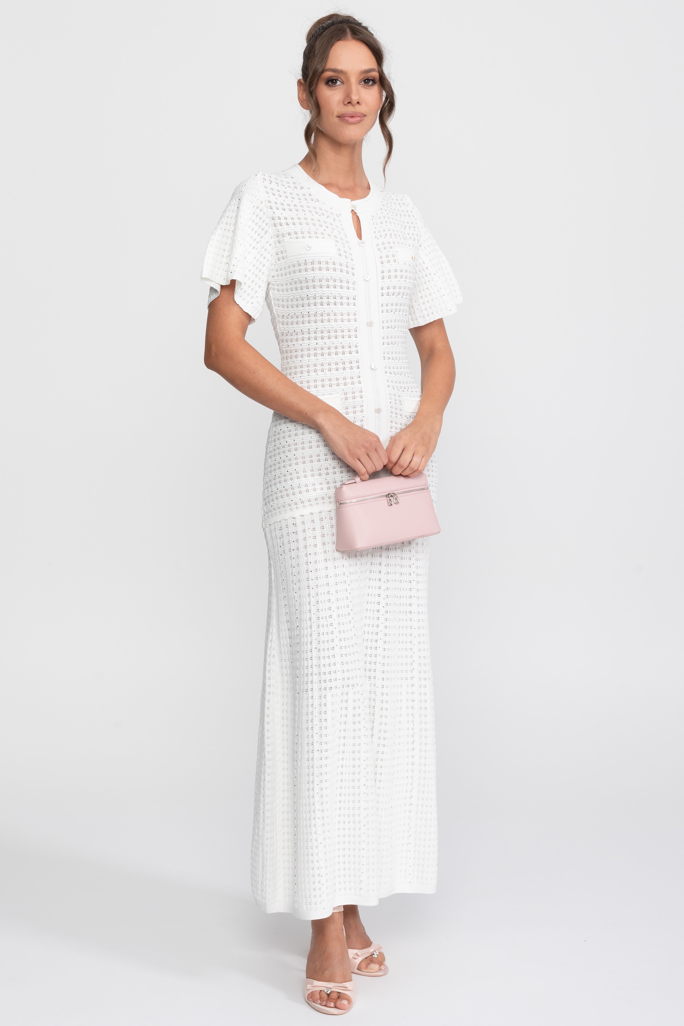 Robe midi à manches courtes avec texture en maille scintillante - Blanc 