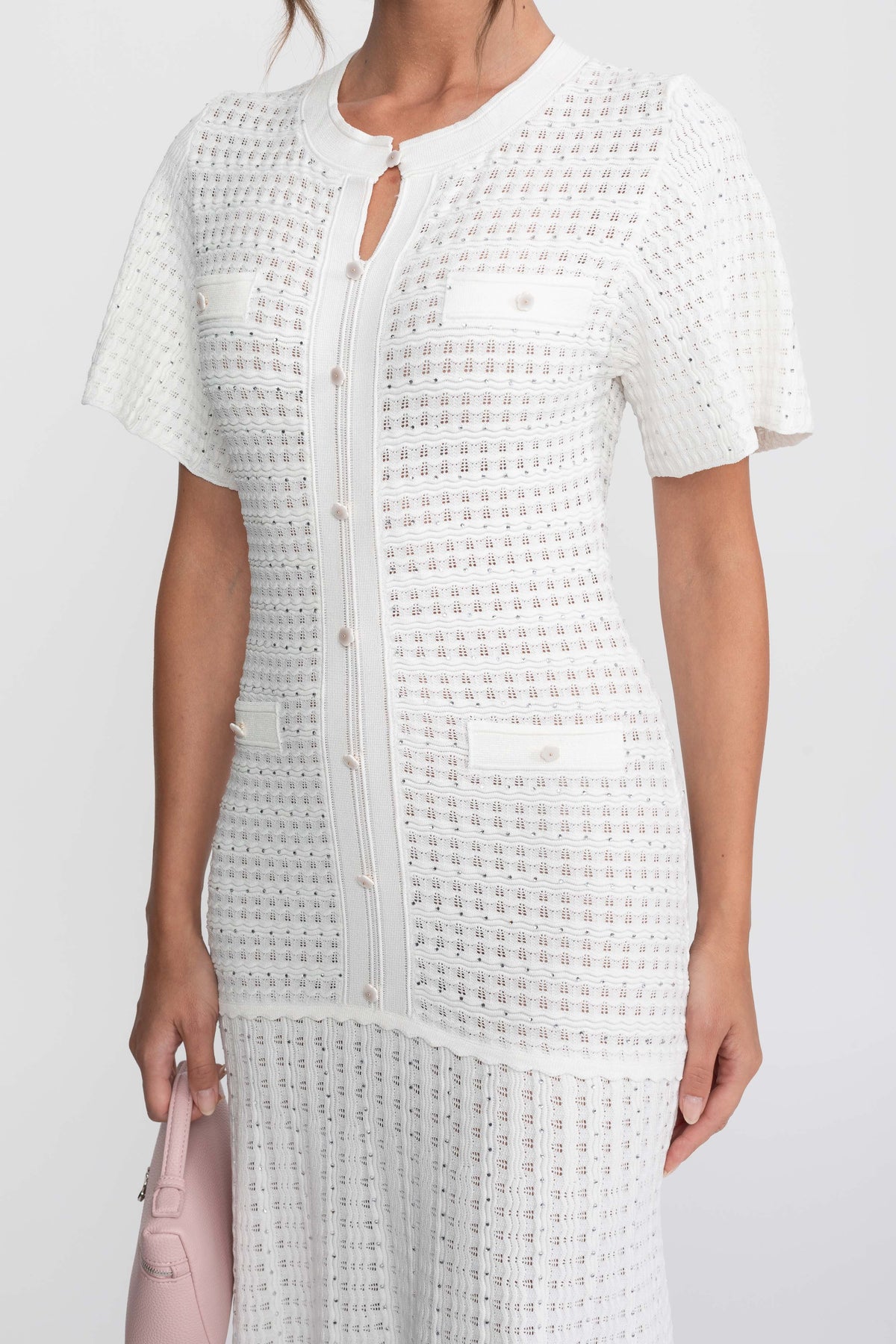 Robe midi à manches courtes avec texture en maille scintillante - Blanc 