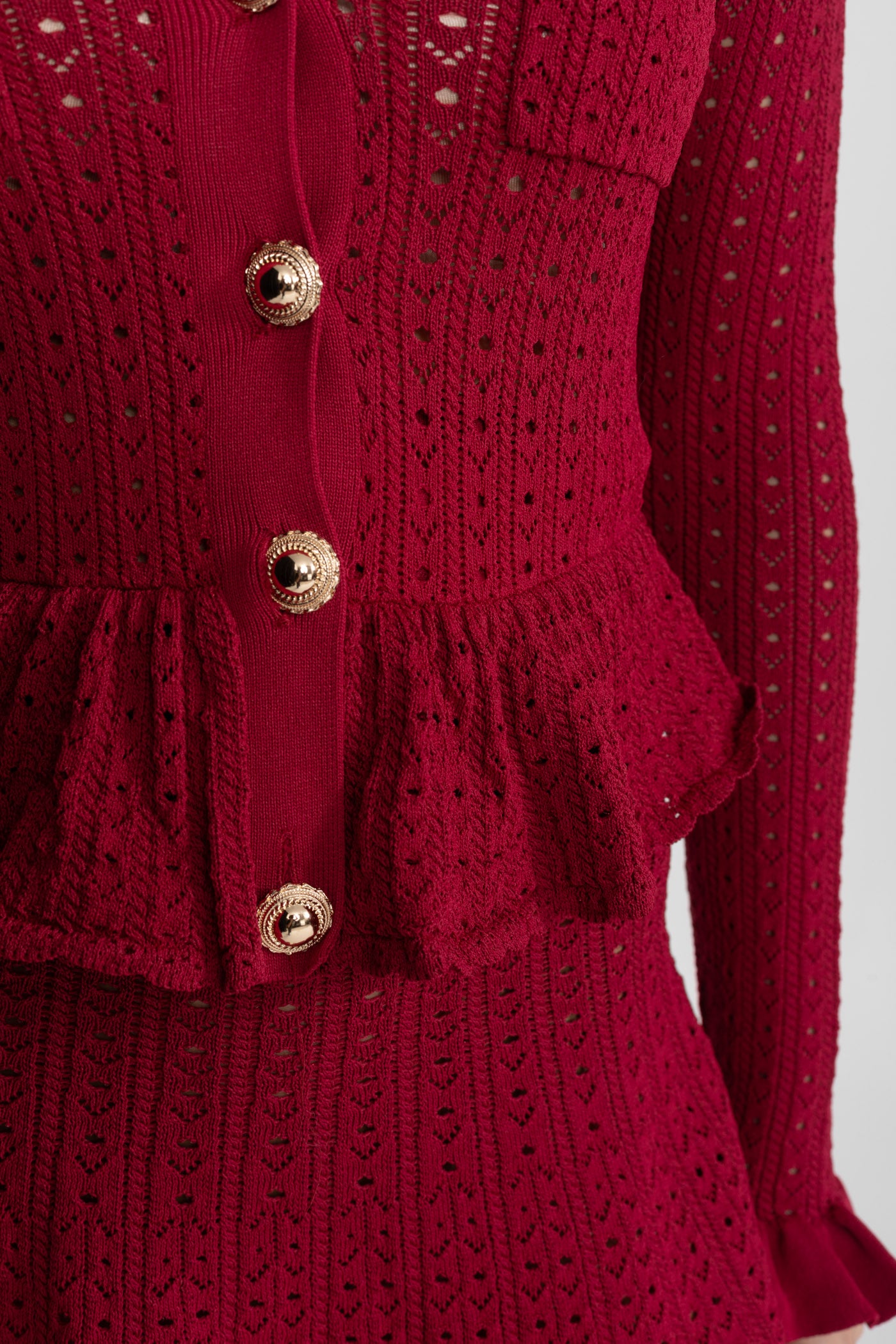 Robe Mini en Maille Pointelle avec Ourlet Péplum – Rouge Foncé 