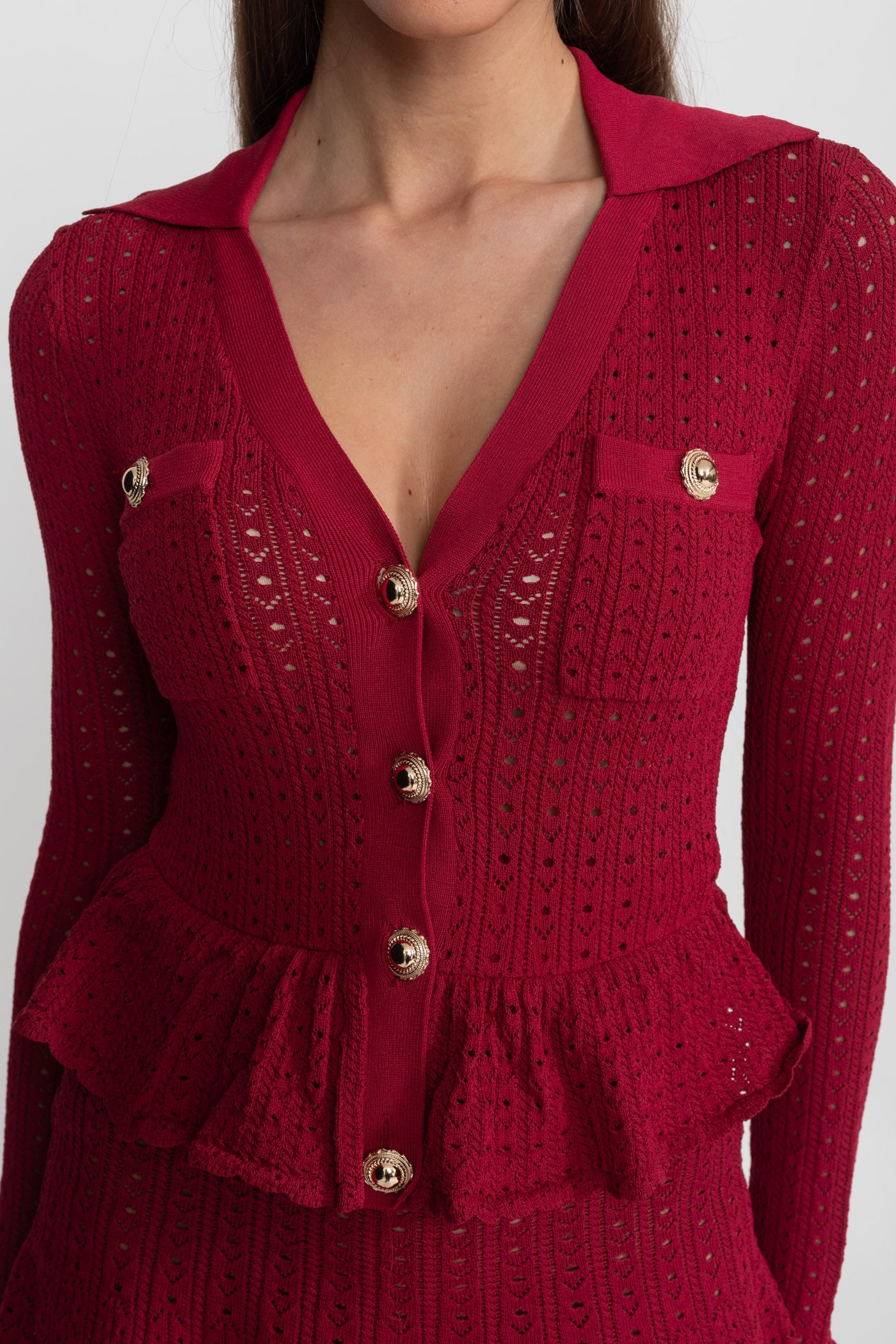 Robe Mini en Maille Pointelle avec Ourlet Péplum – Rouge Foncé 