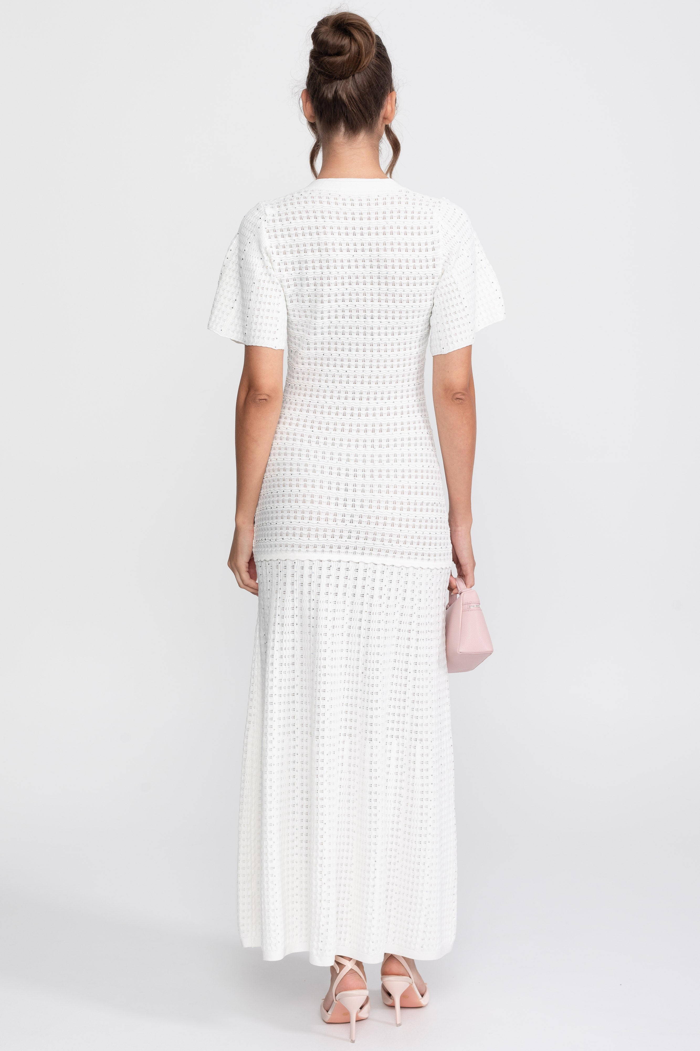 Robe midi à manches courtes avec texture en maille scintillante - Blanc 