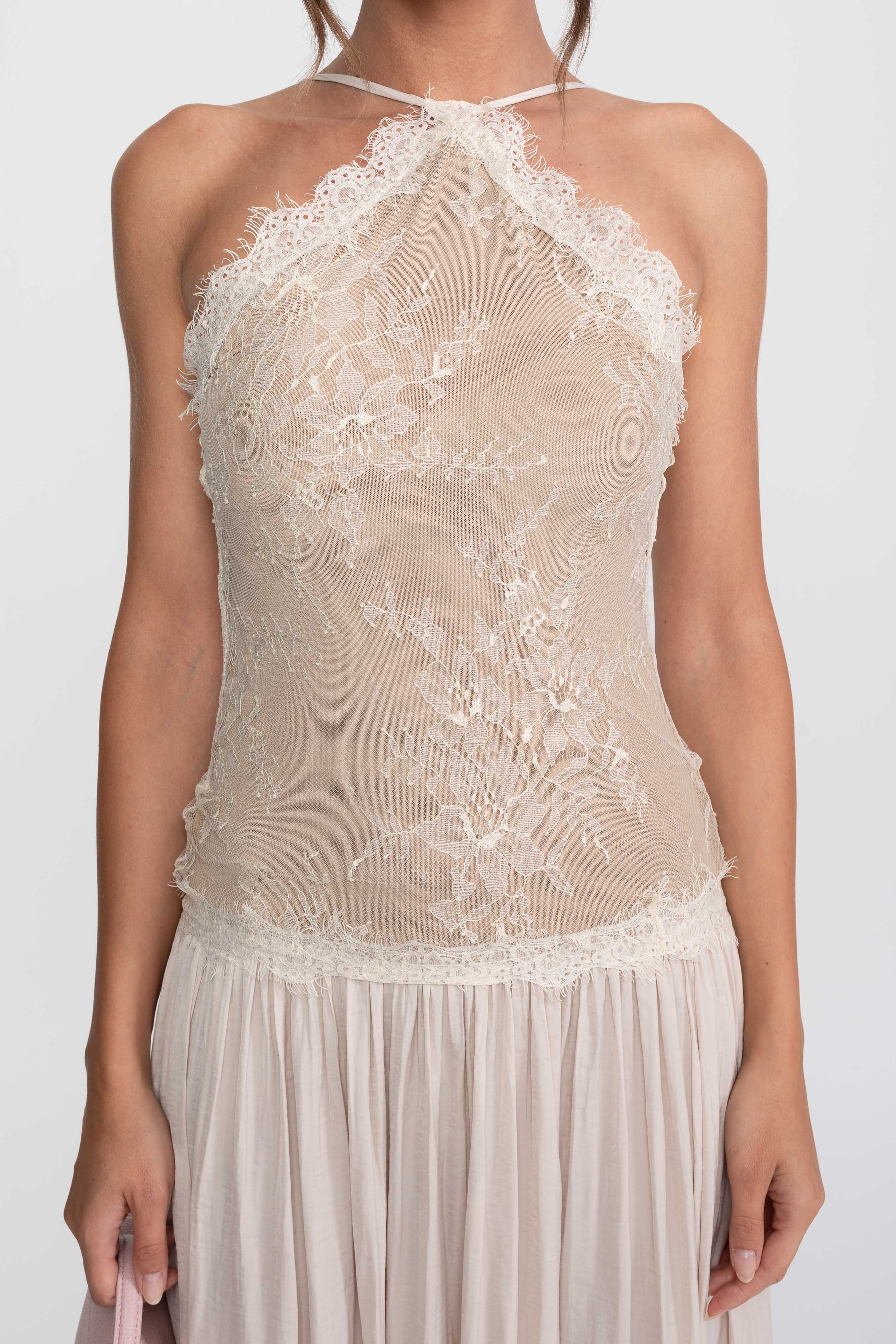 Robe longue sans manches à col licou en dentelle avec jupe plissée - Crème 