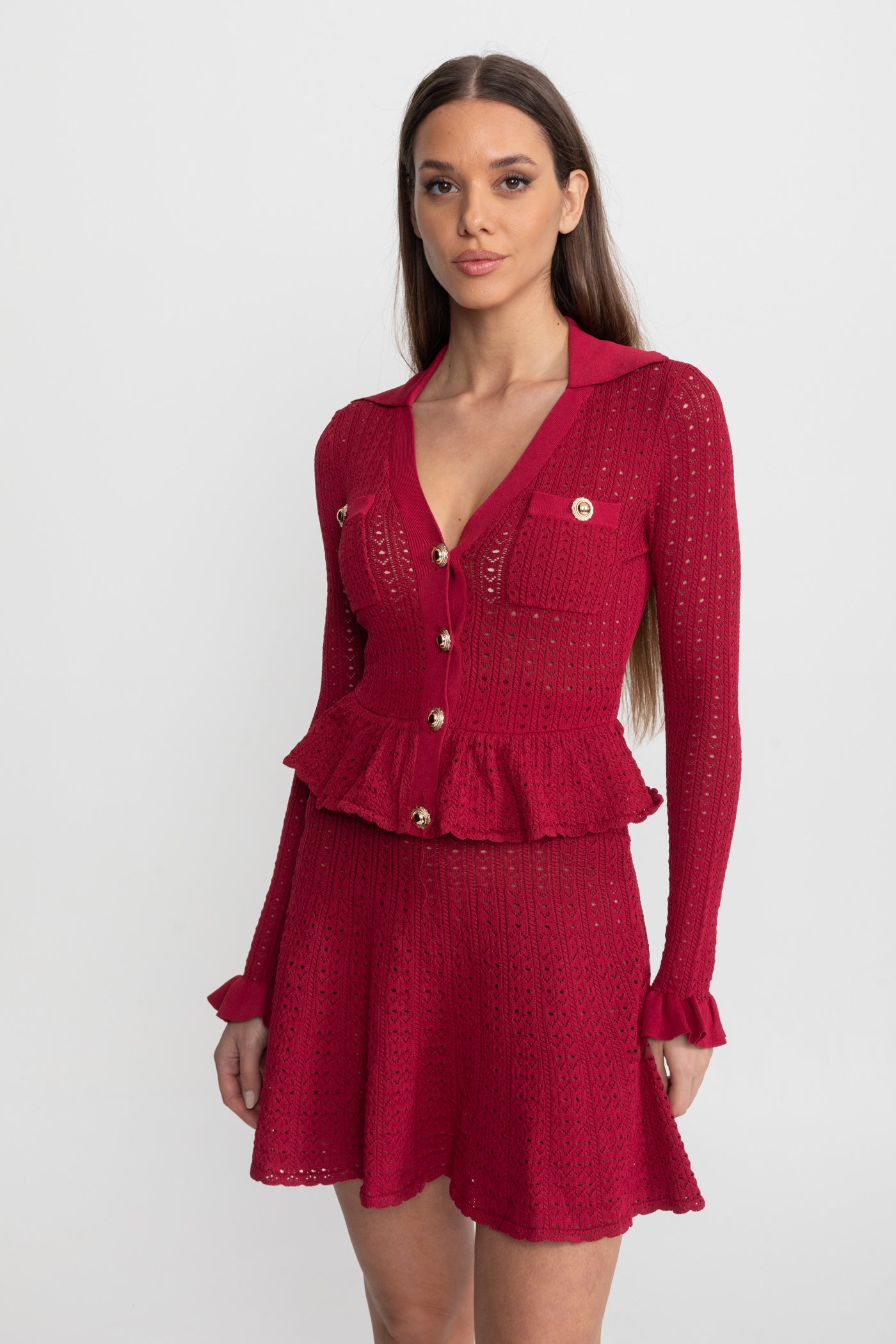 Robe Mini en Maille Pointelle avec Ourlet Péplum – Rouge Foncé 