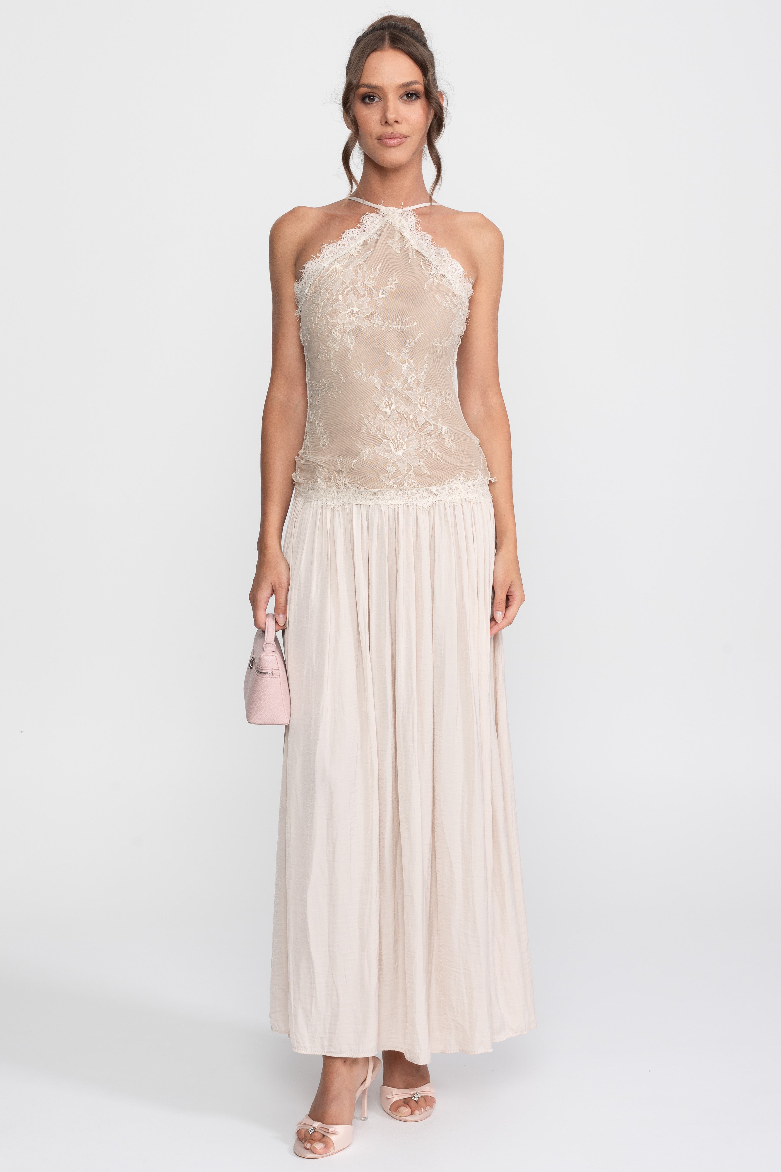 Robe longue sans manches à col licou en dentelle avec jupe plissée - Crème 