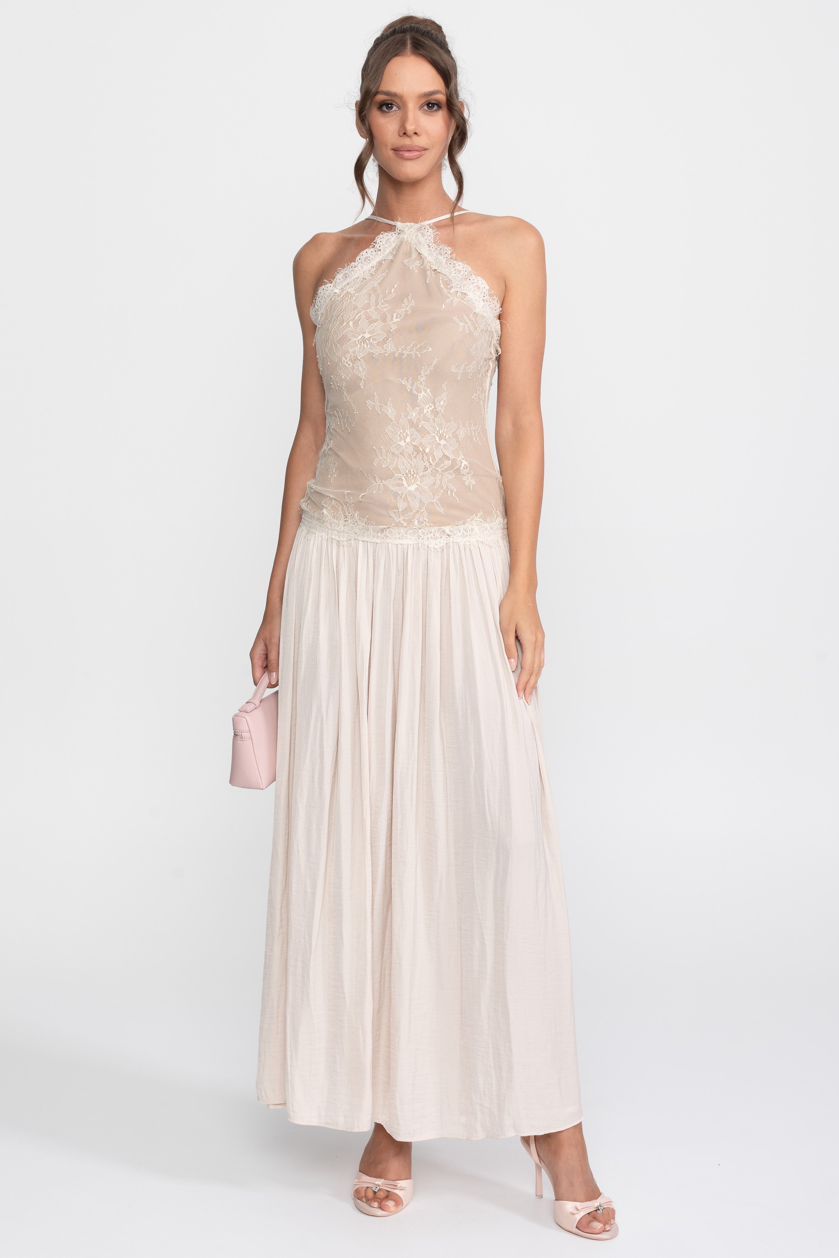 Robe longue sans manches à col licou en dentelle avec jupe plissée - Crème 