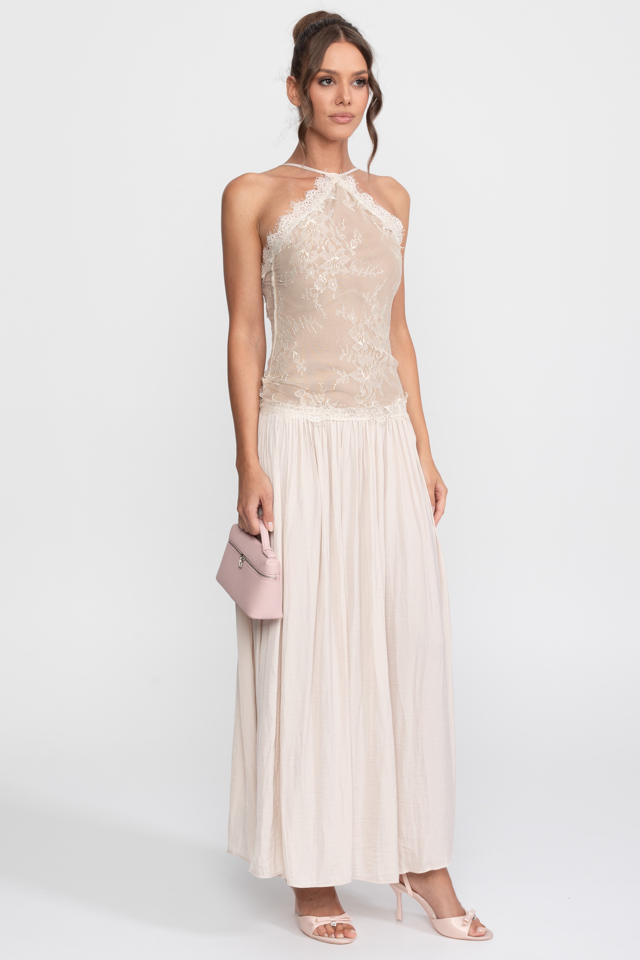 Robe longue sans manches à col licou en dentelle avec jupe plissée - Crème 