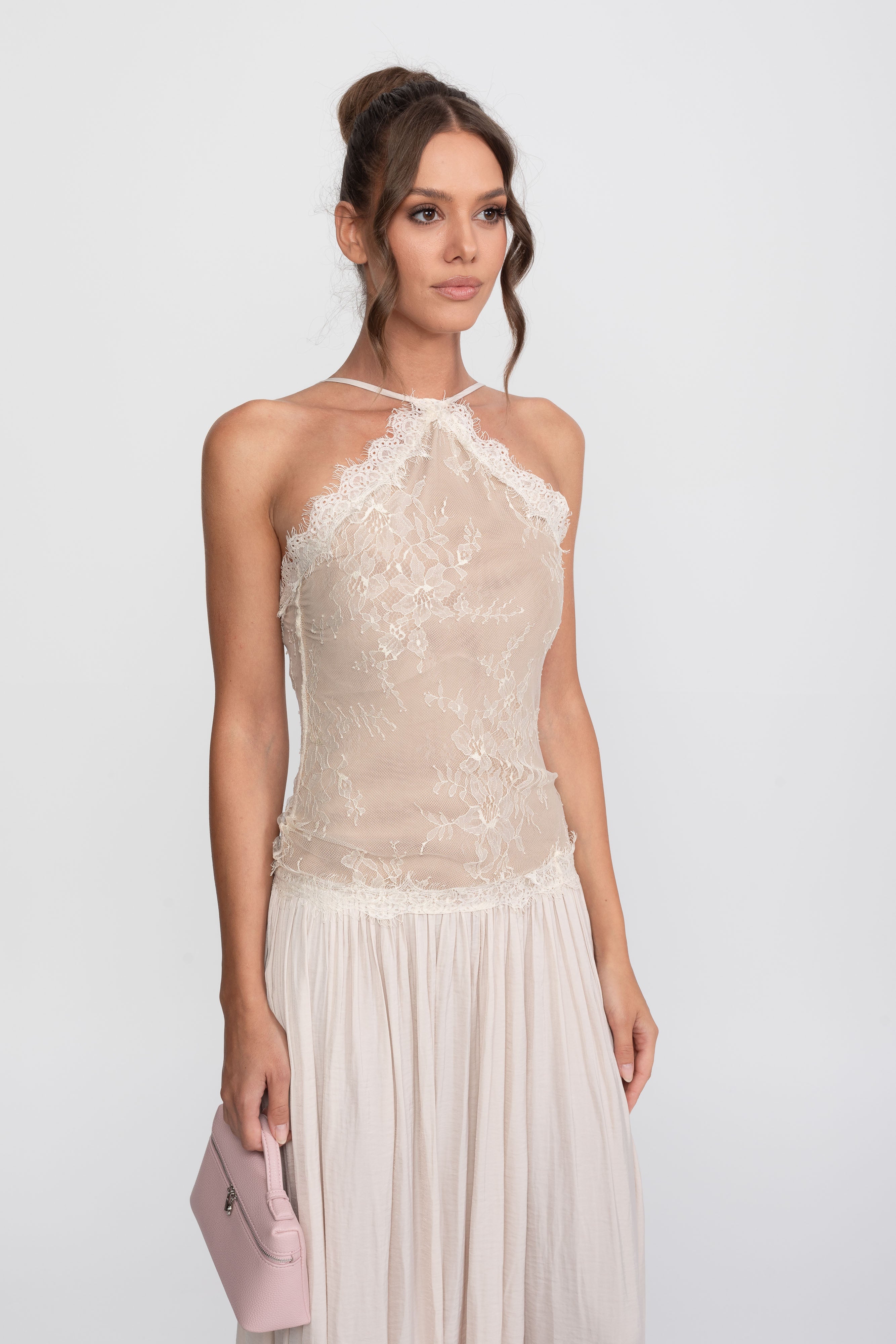 Robe longue sans manches à col licou en dentelle avec jupe plissée - Crème 