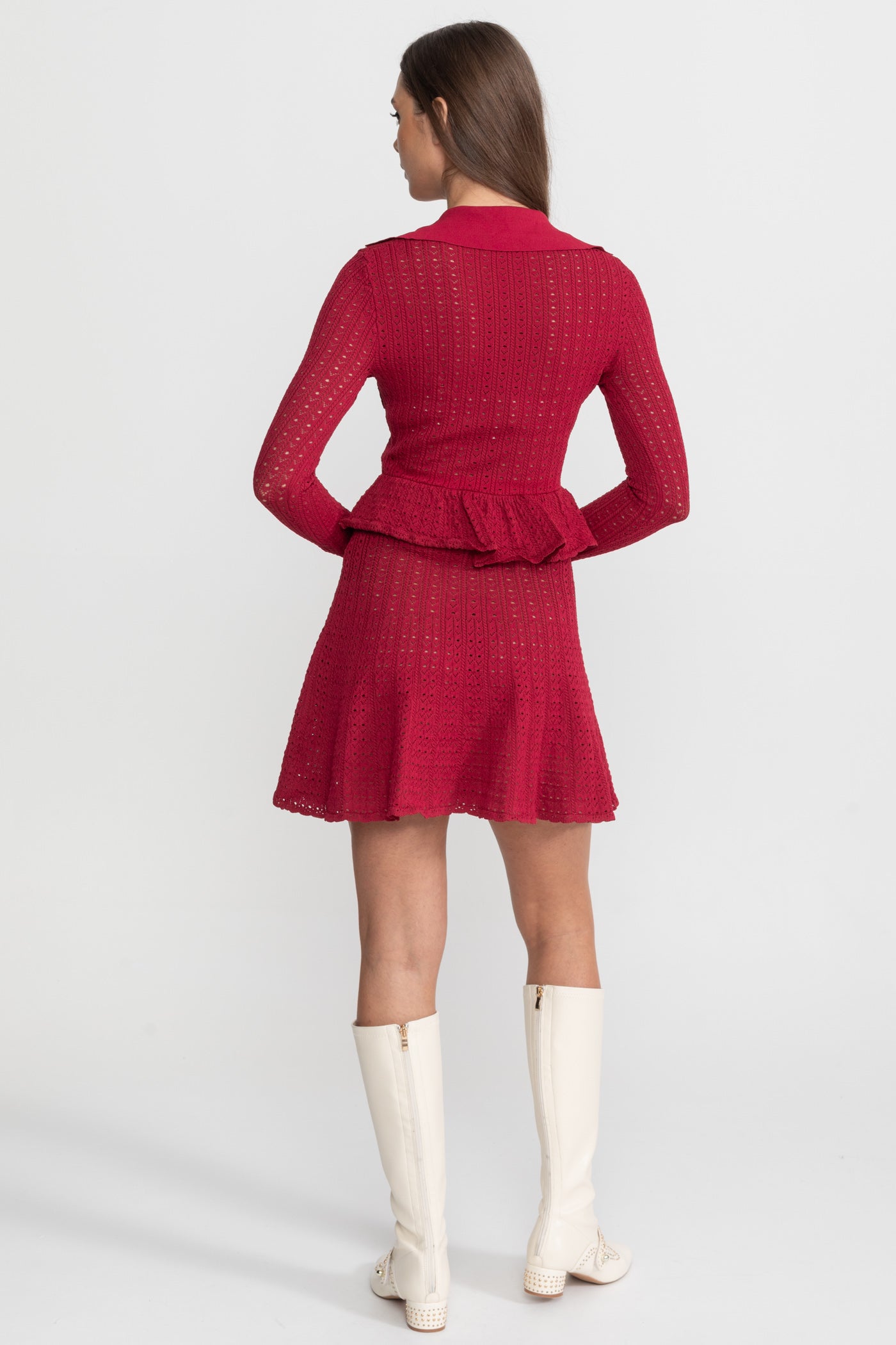 Robe Mini en Maille Pointelle avec Ourlet Péplum – Rouge Foncé 