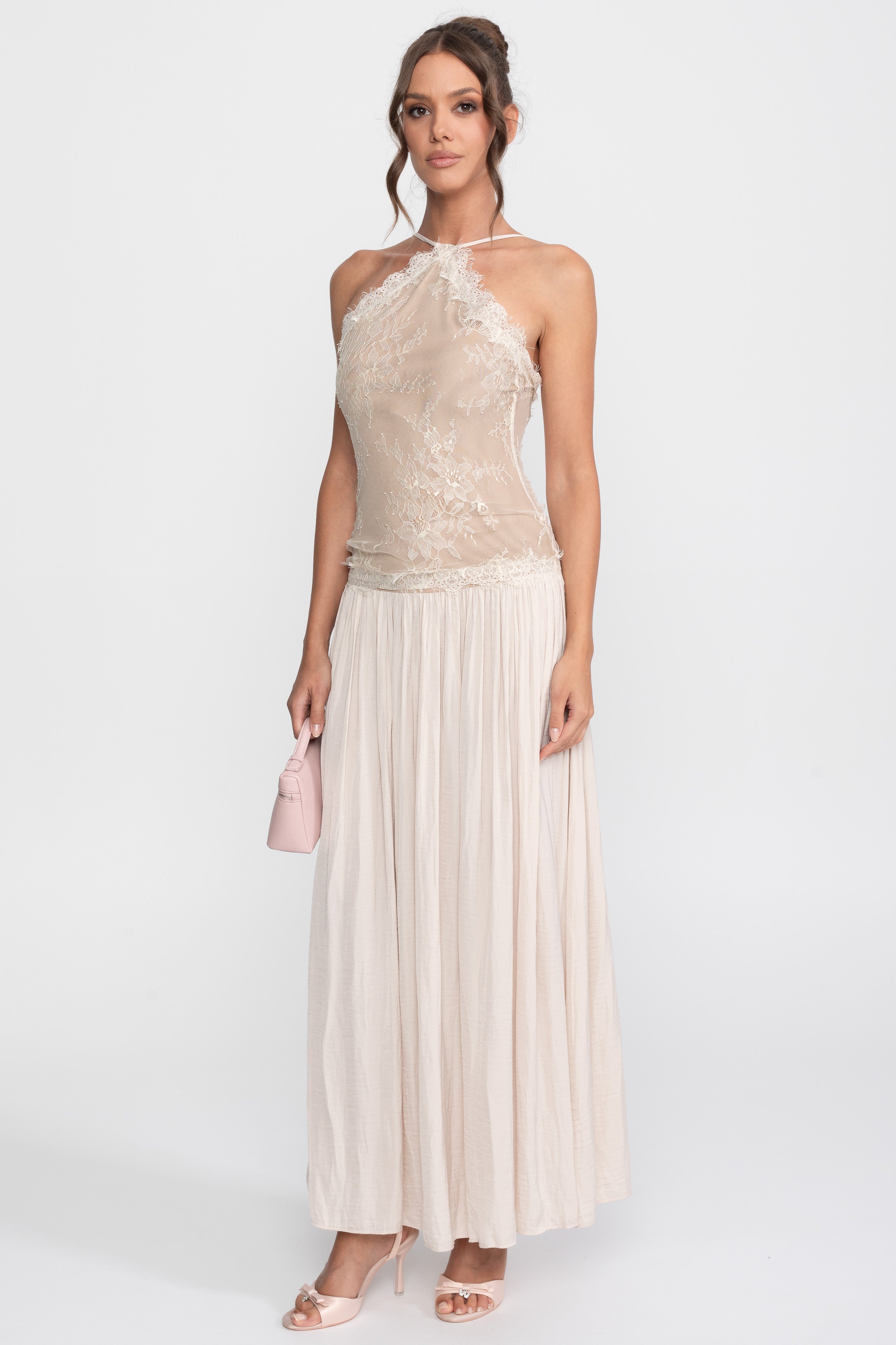 Robe longue sans manches à col licou en dentelle avec jupe plissée - Crème 