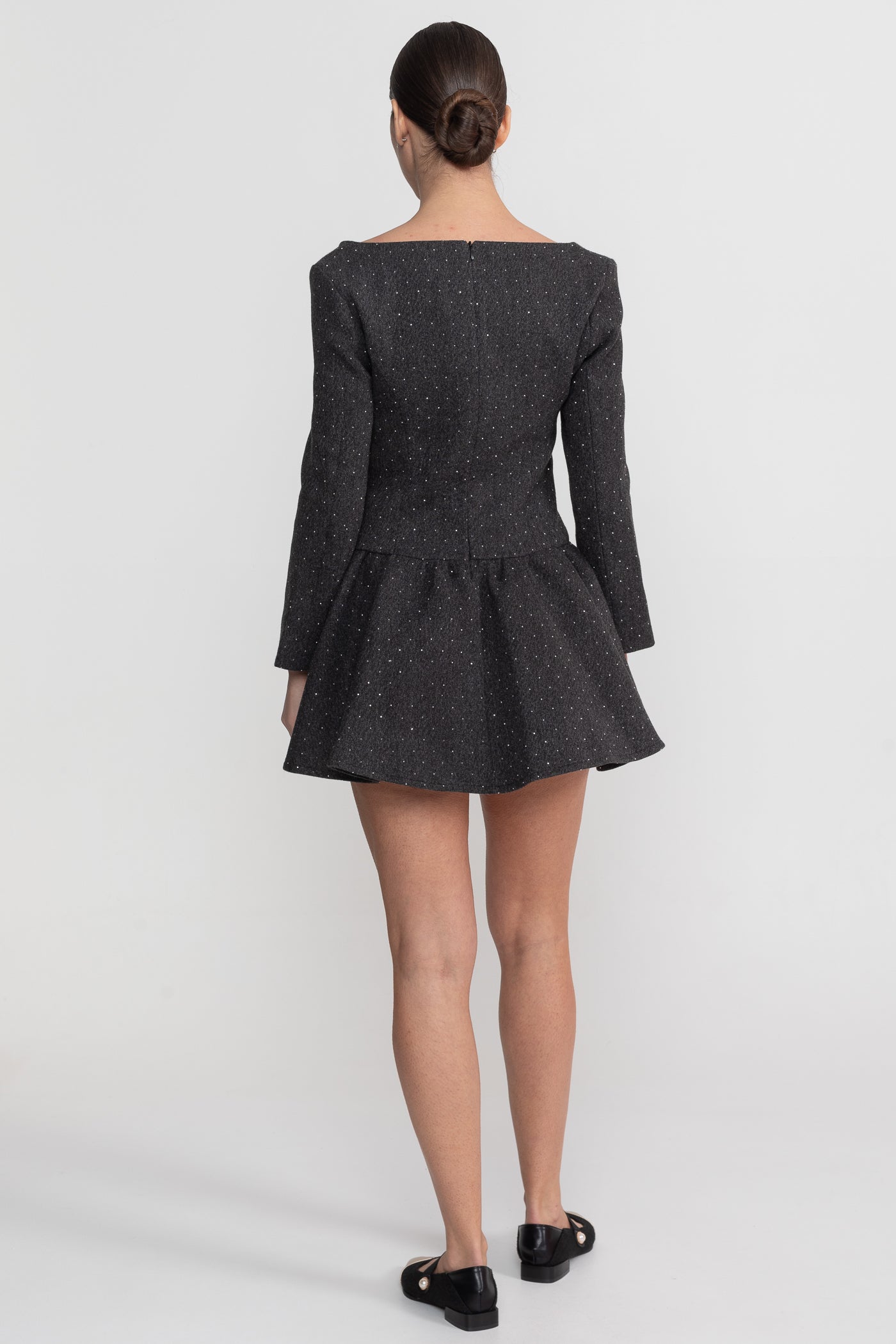 Long Sleeve Mini Dress With Detachable Cape Overlay - Charcoal