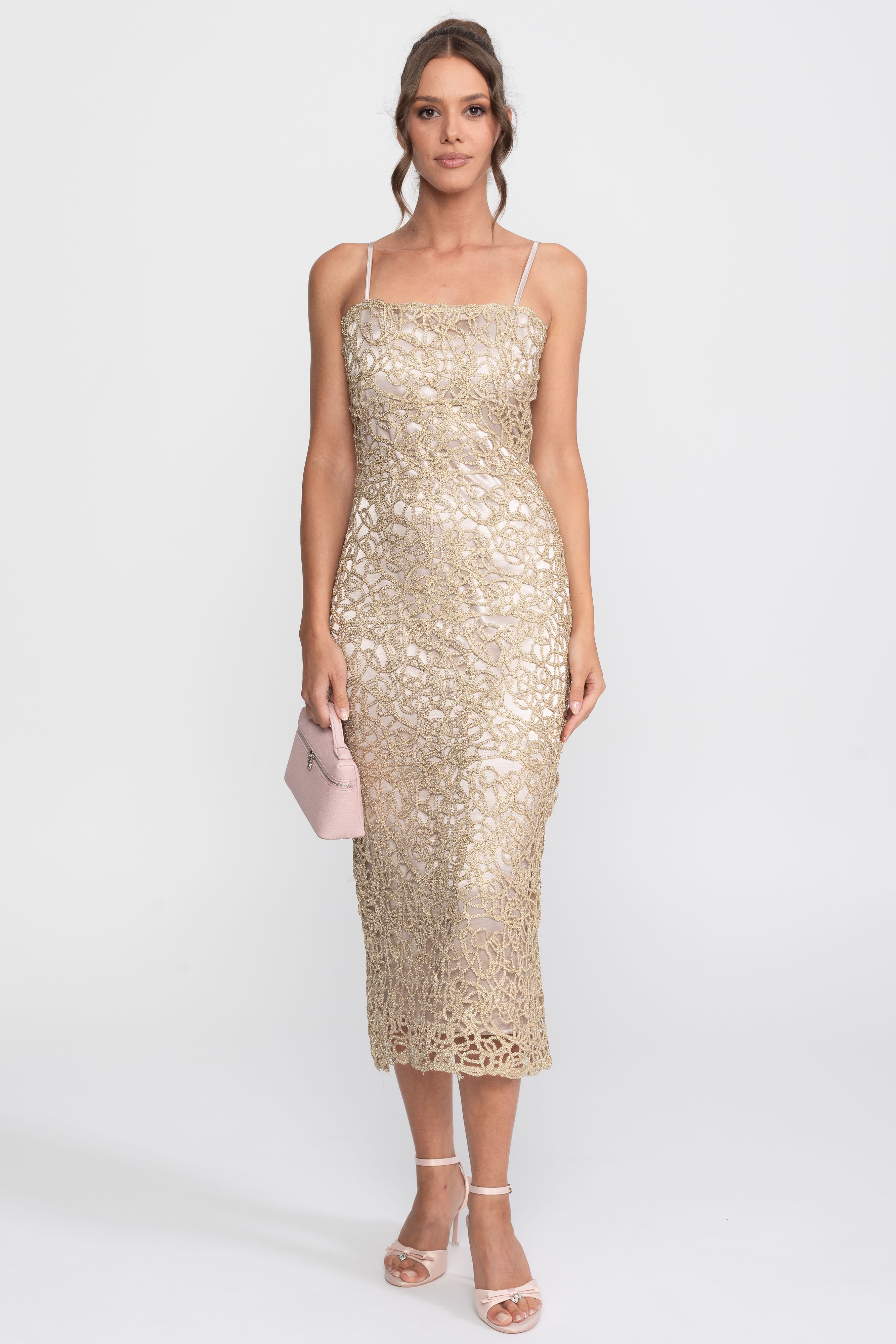 Robe fourreau en dentelle métallisée avec encolure carrée - Or 