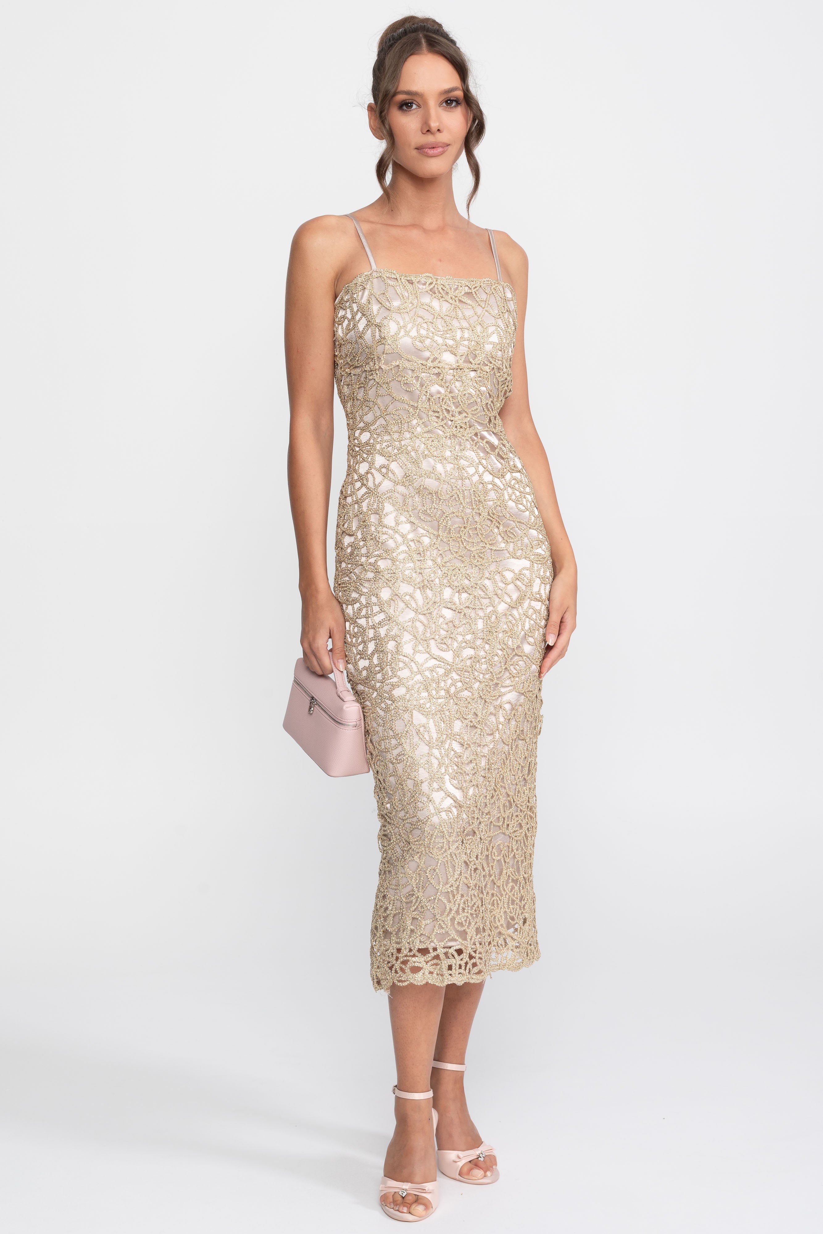 Robe fourreau en dentelle métallisée avec encolure carrée - Or 