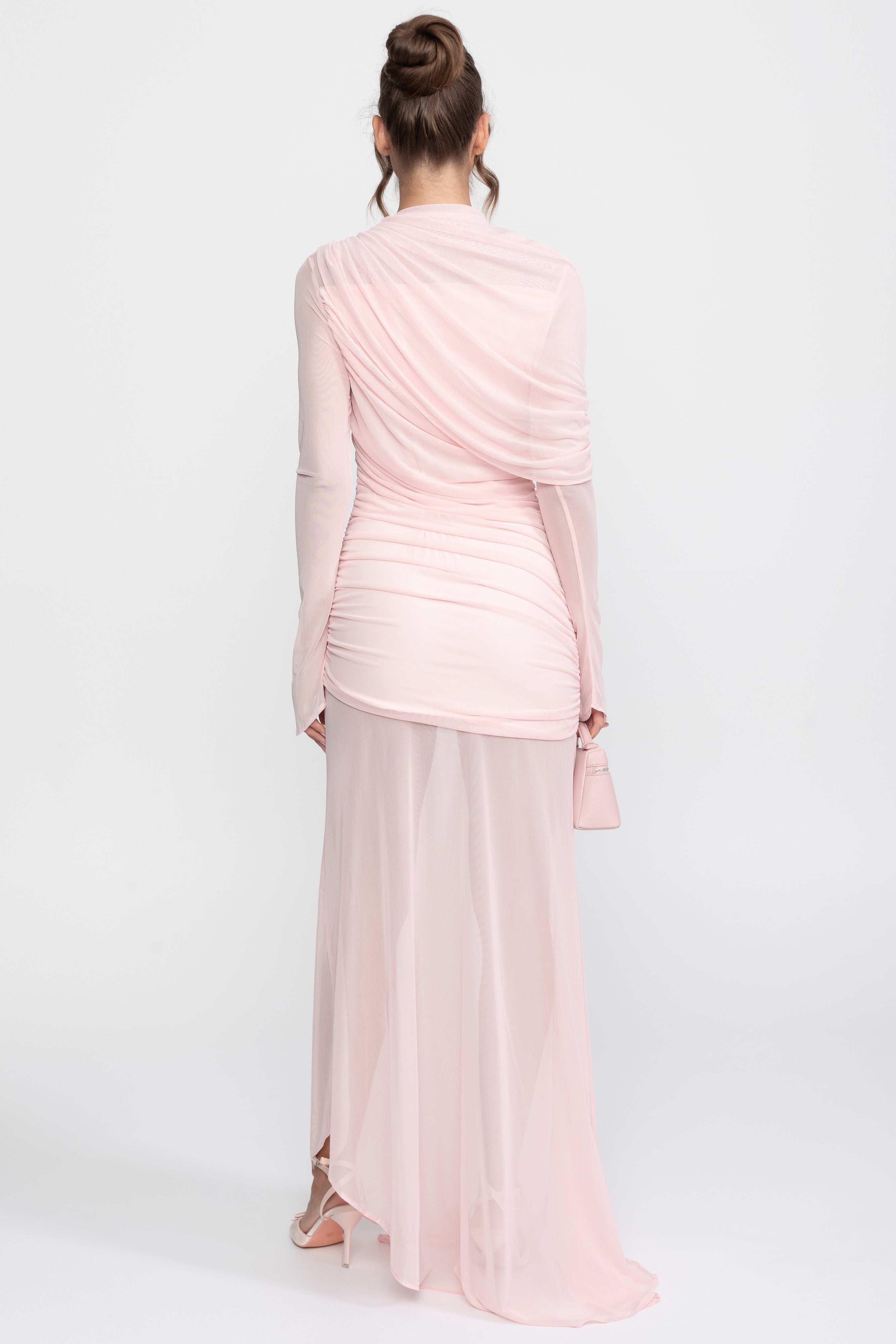 Robe longue à épaule drapée avec jupe transparente - Rose 