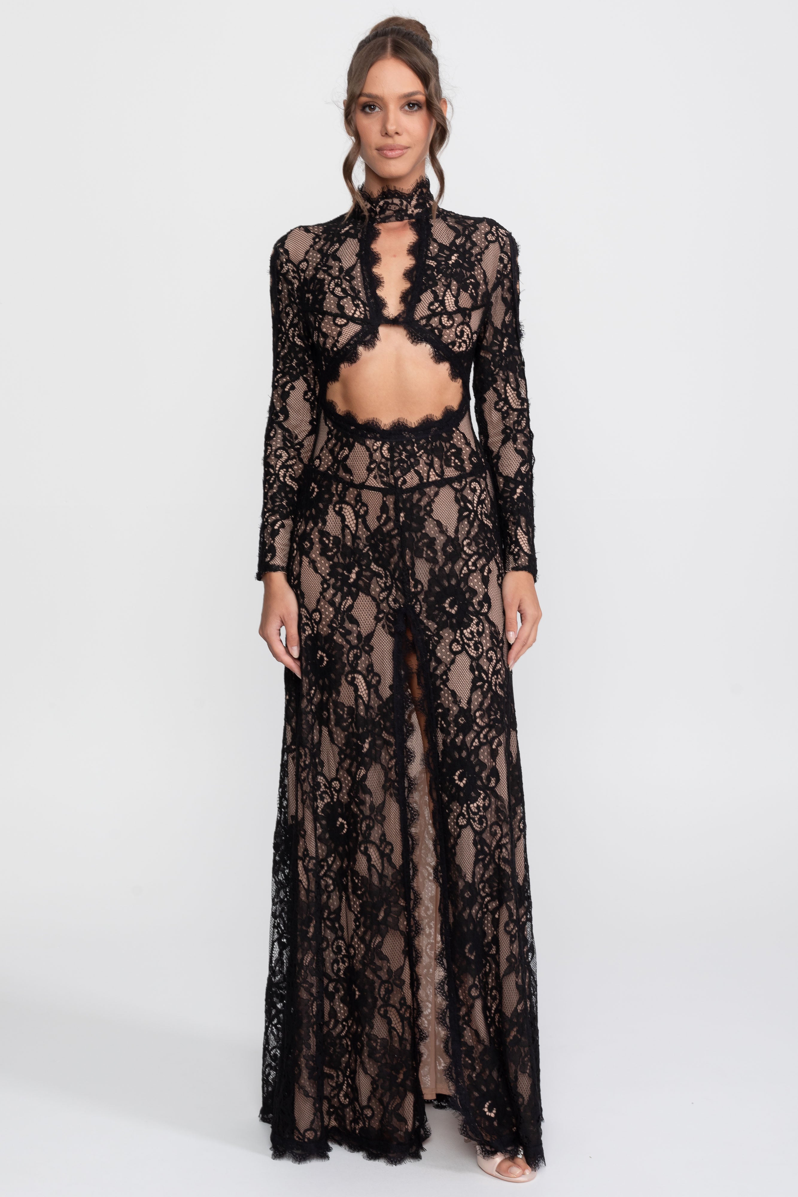 Robe en dentelle élégante avec col montant, découpe à l’avant et fente - Noir 