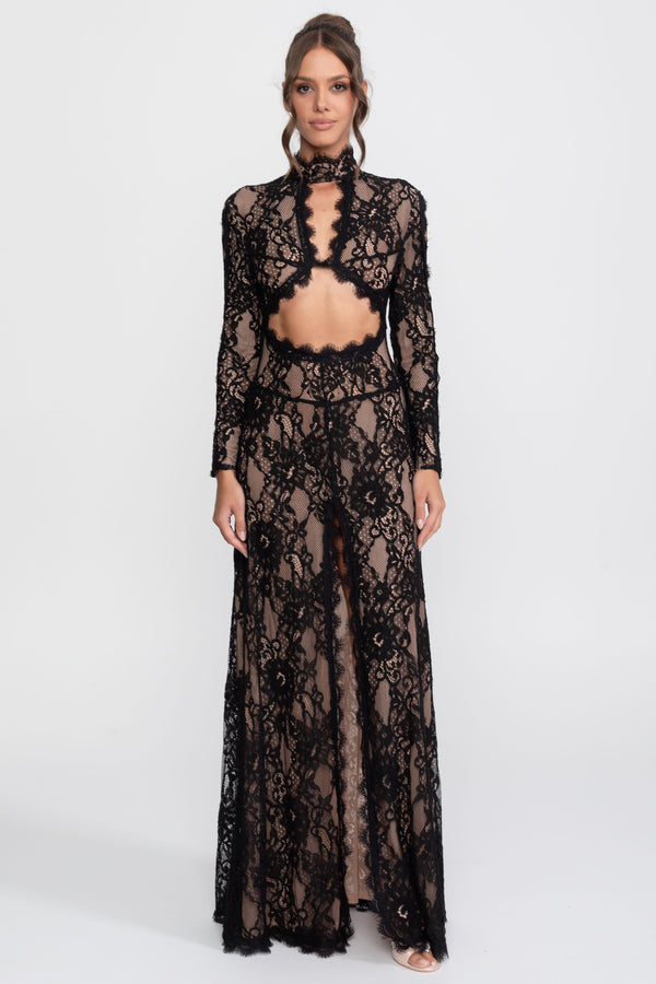 Robe en dentelle élégante avec col montant, découpe à l’avant et fente - Noir 