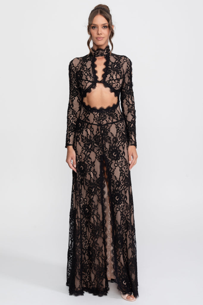 Robe en dentelle élégante avec col montant, découpe à l’avant et fente - Noir 