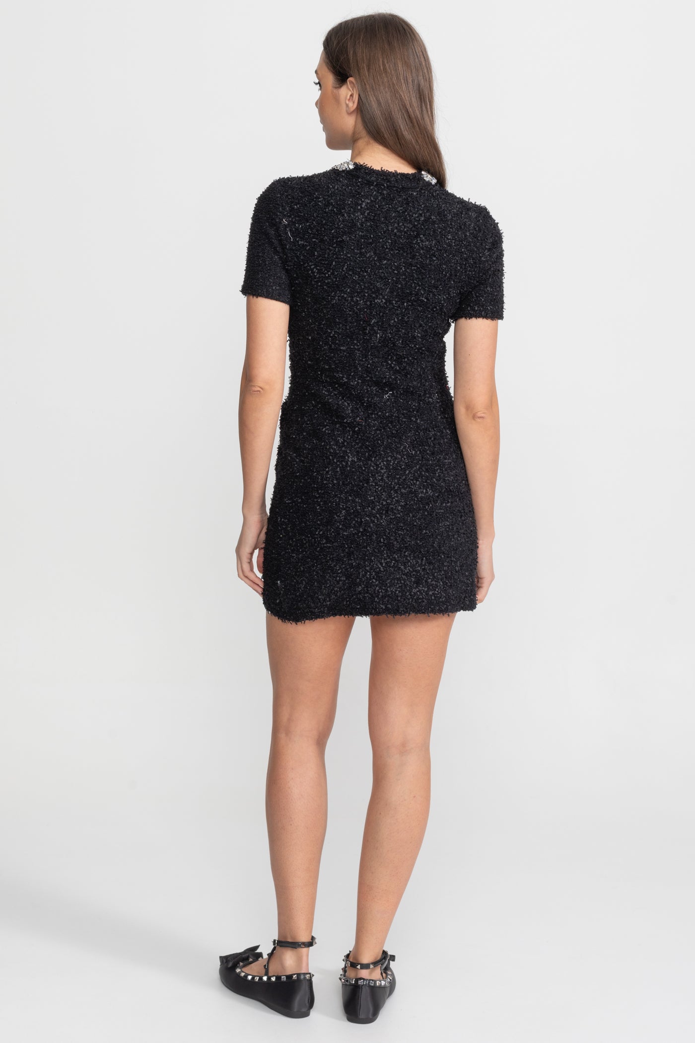 Robe Mini en Tweed Ornée de Boutons en Cristal – Noir 