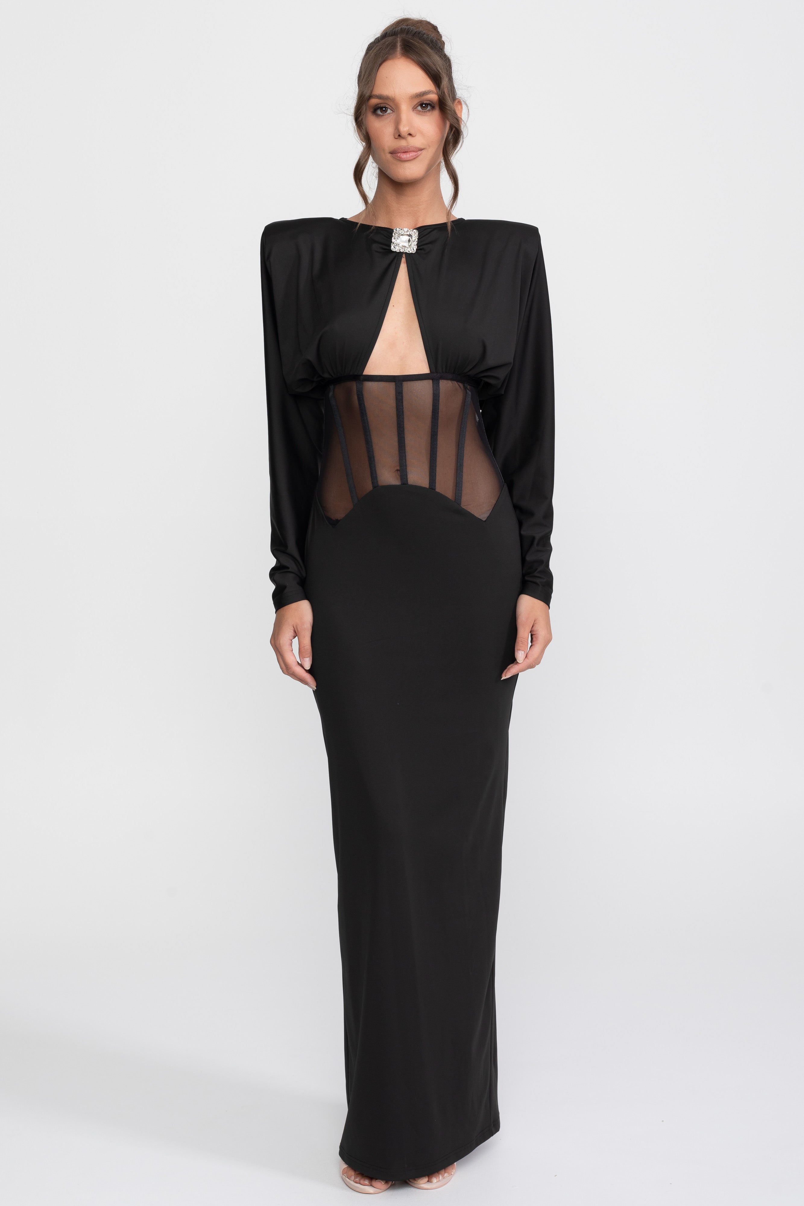 Robe longue à empiècements transparents découpés à manches longues - Noir 