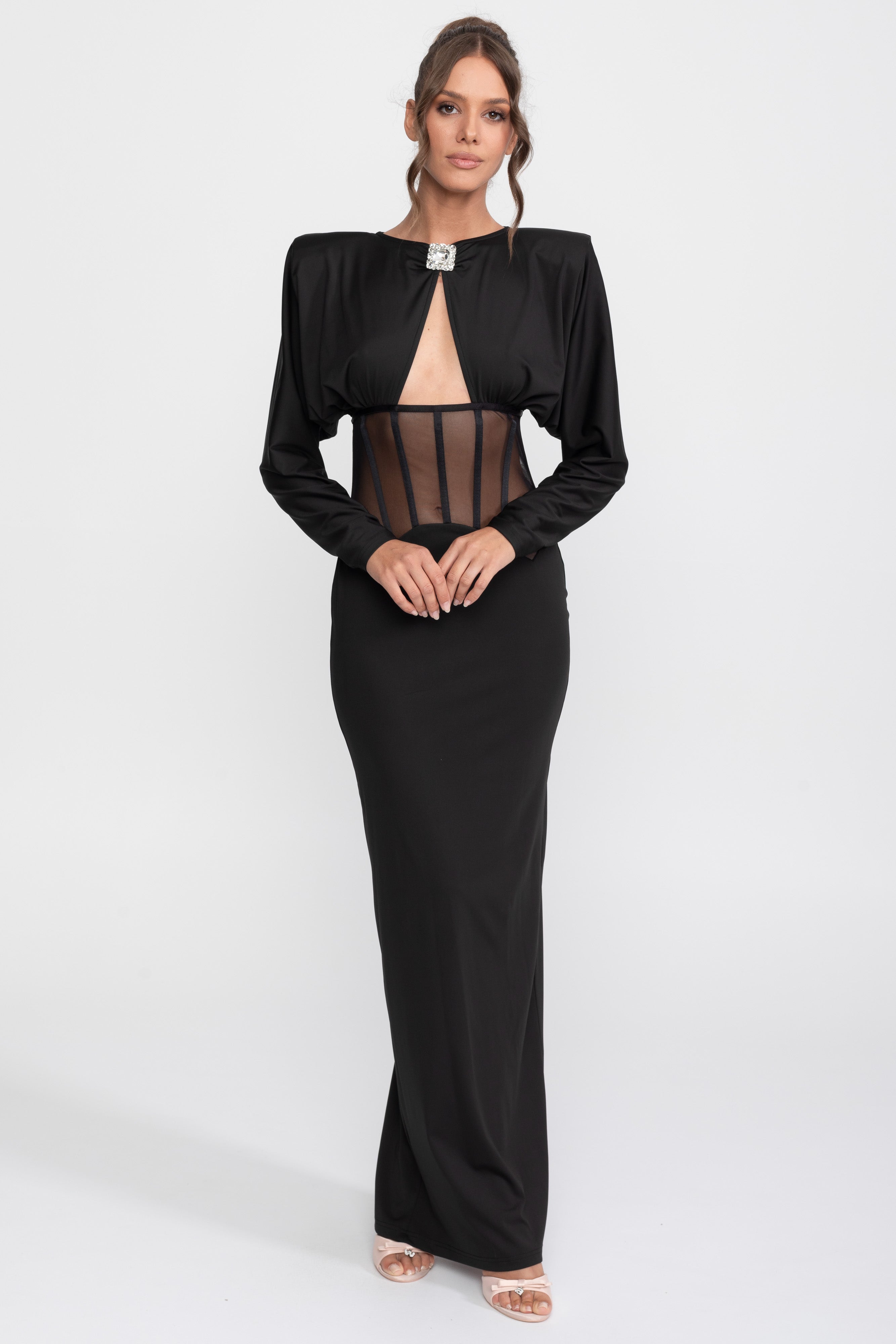 Robe longue à empiècements transparents découpés à manches longues - Noir 