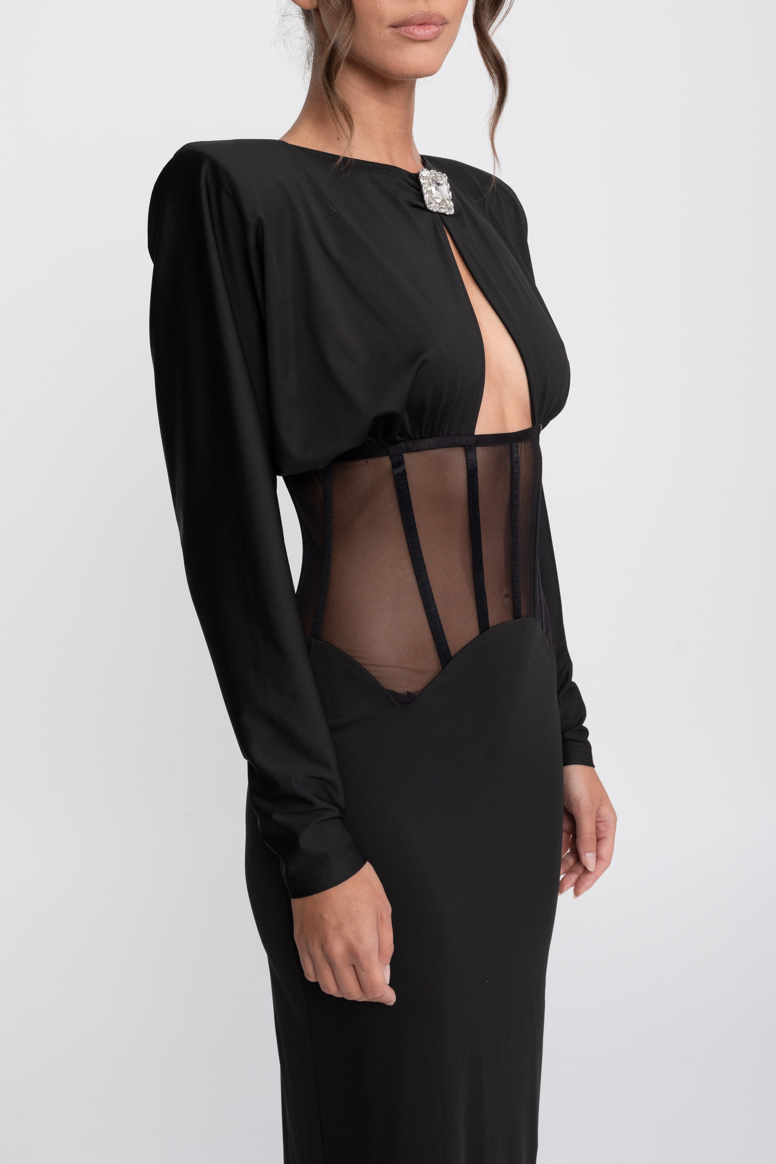 Robe longue à empiècements transparents découpés à manches longues - Noir 