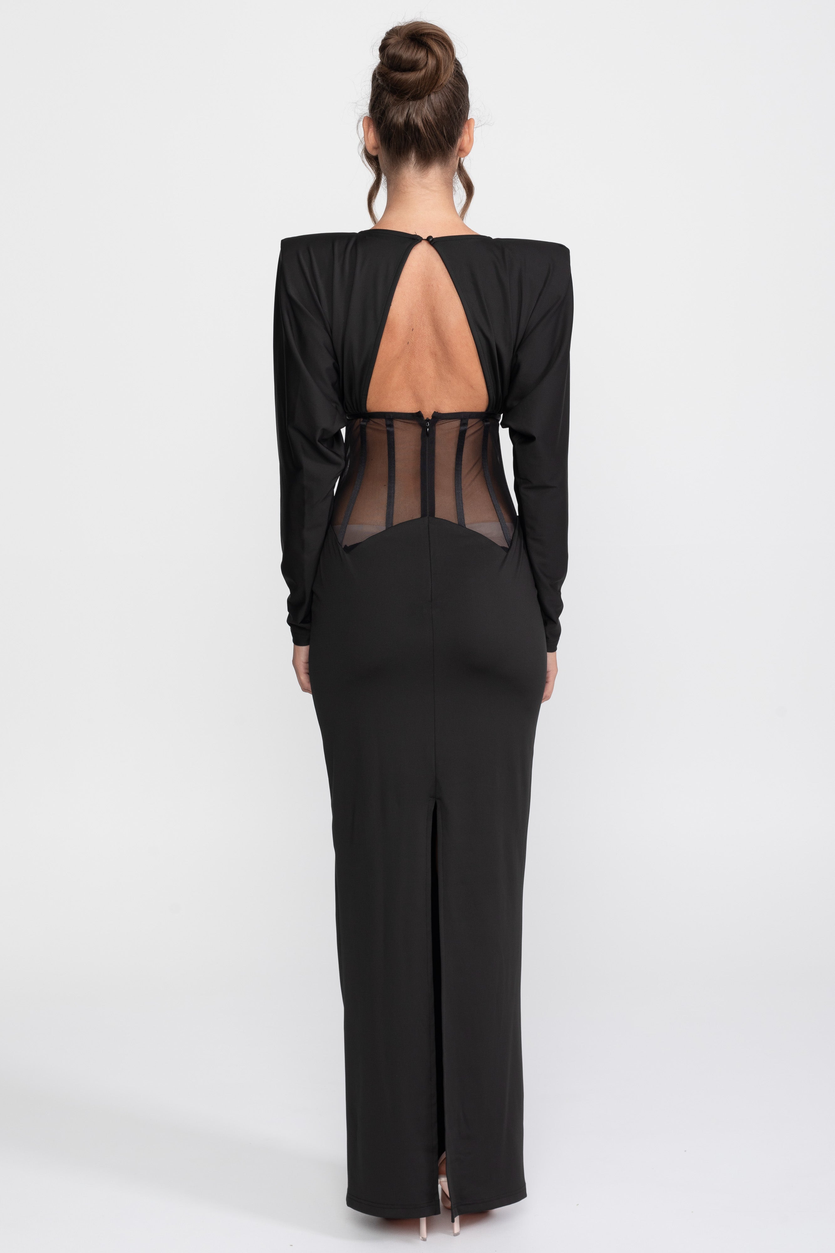 Robe longue à empiècements transparents découpés à manches longues - Noir 