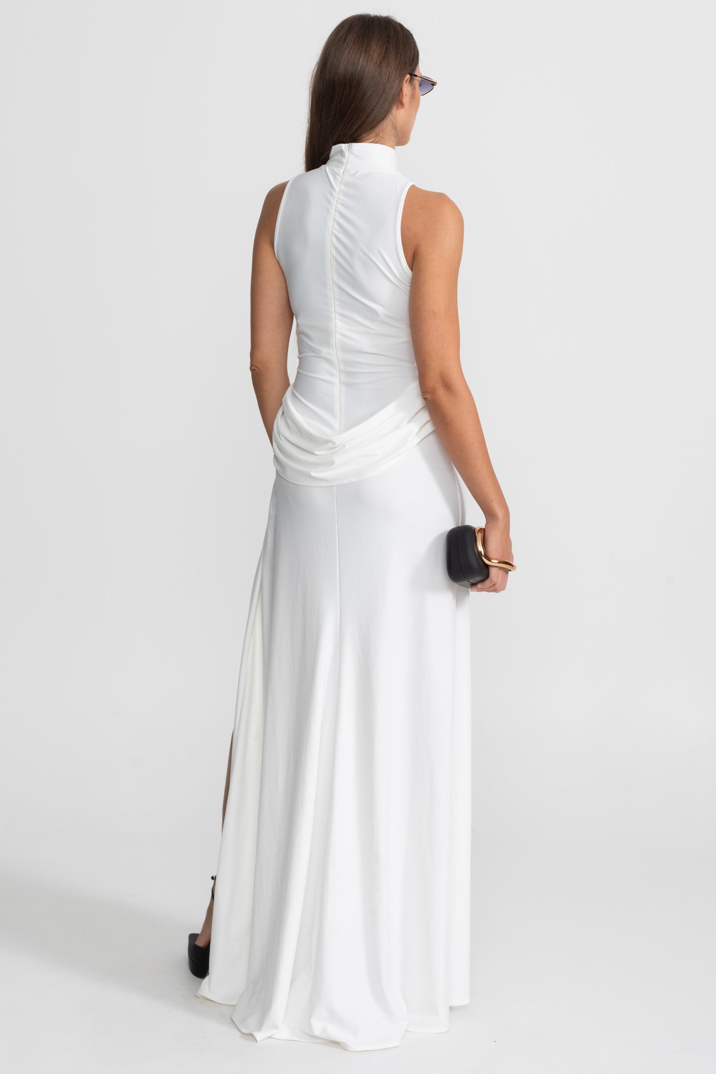 Sleeveless Maxi Dress with Draped Waist and Side Slit - White