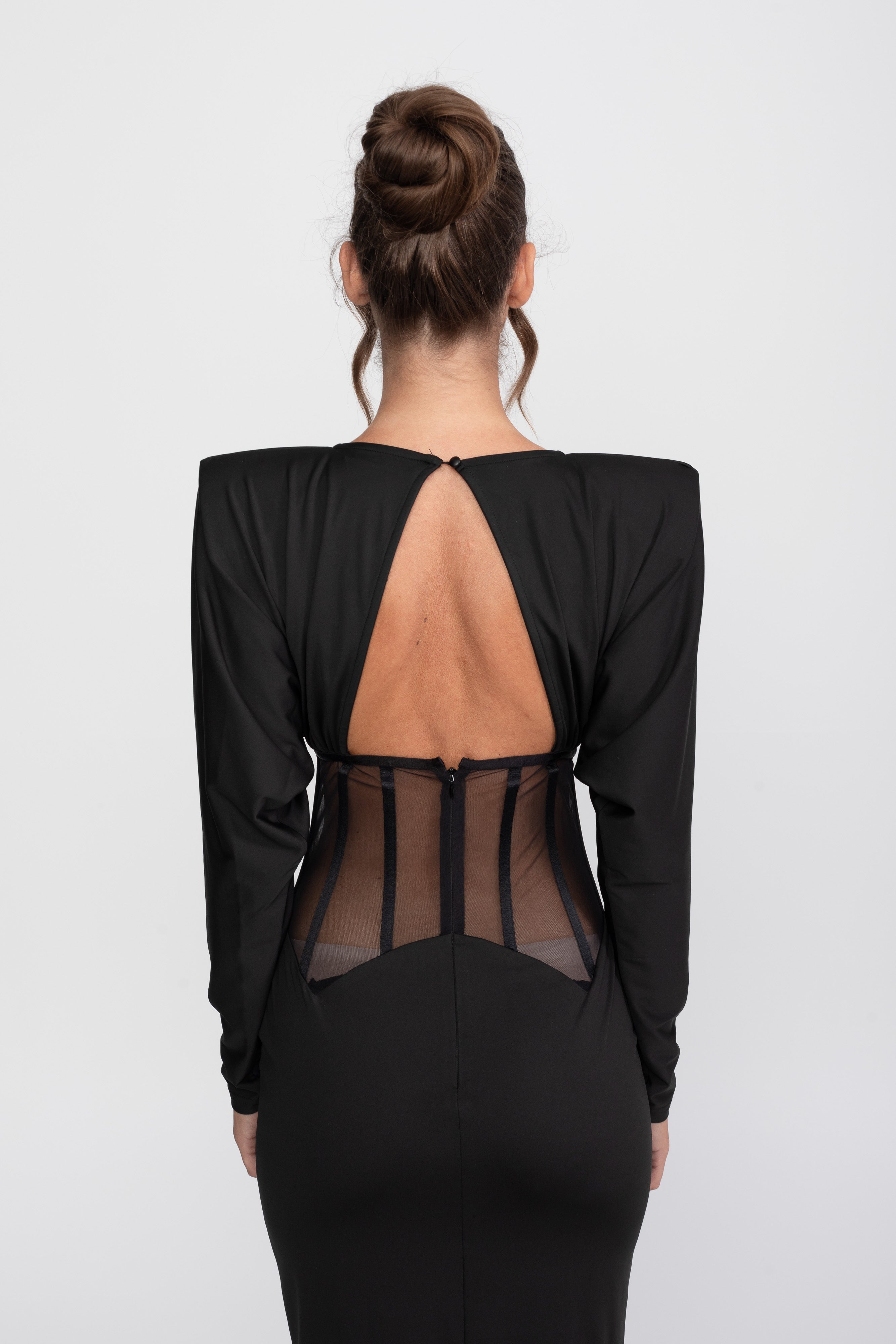 Robe longue à empiècements transparents découpés à manches longues - Noir 