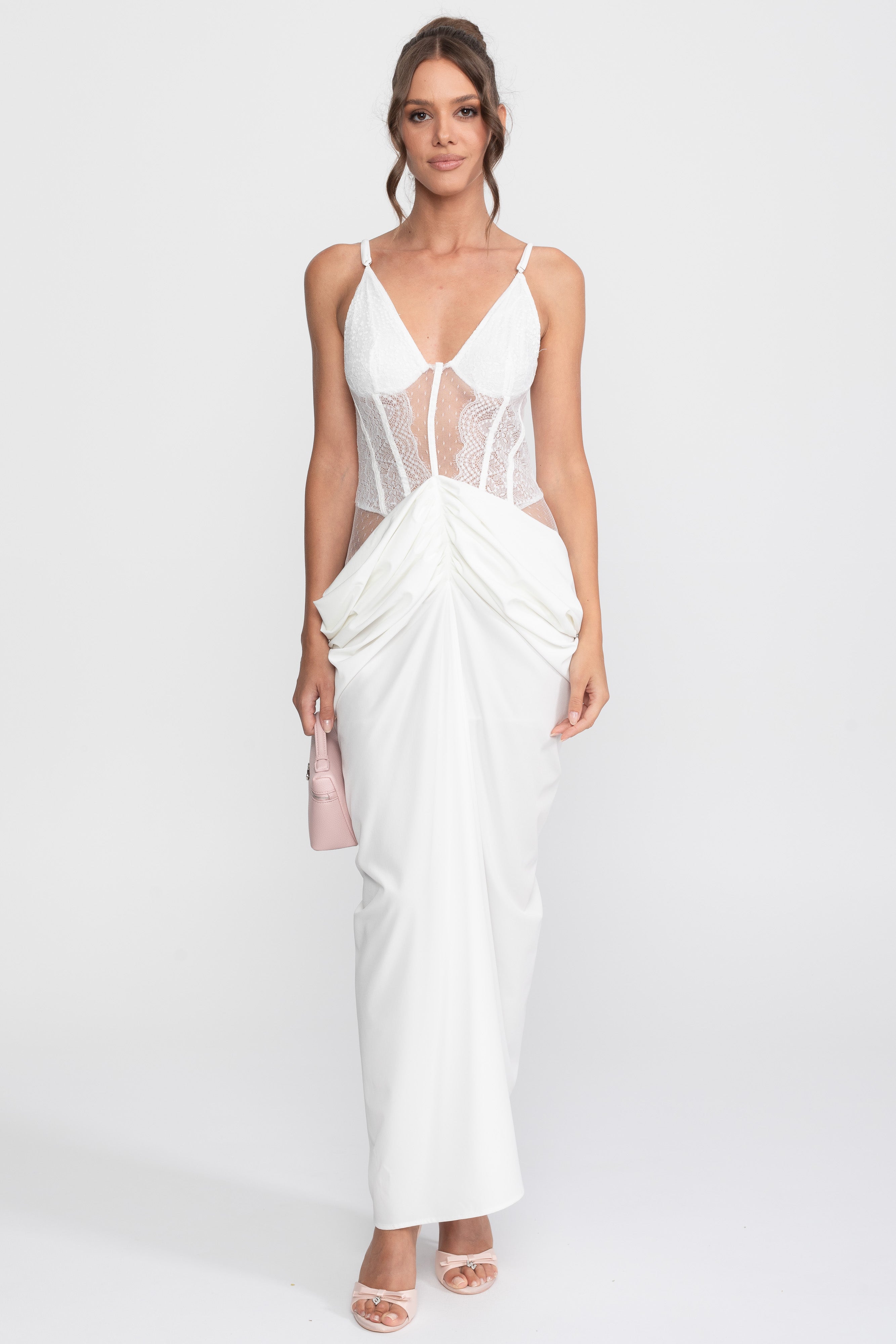 Robe drapée à corsage en dentelle avec fines bretelles - Blanc 