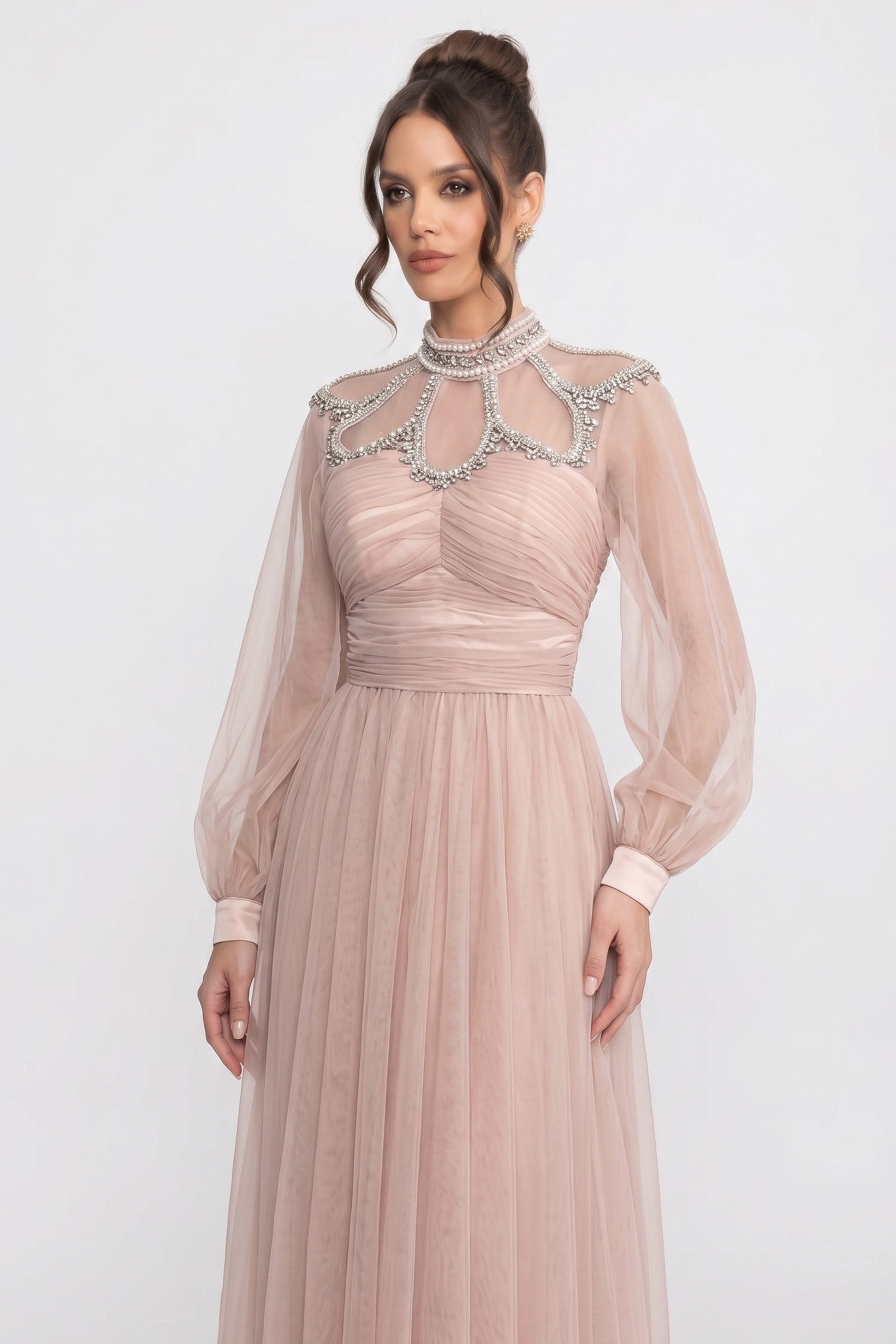 Robe élégante à manches longues, col montant et corsage froncé - Pêche 