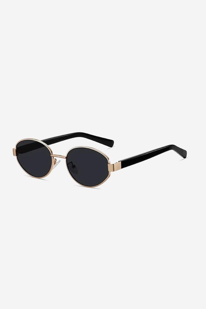 Lunettes de soleil ovales d'inspiration vintage avec monture fine dorée et branches audacieuses en acétate – Noir 