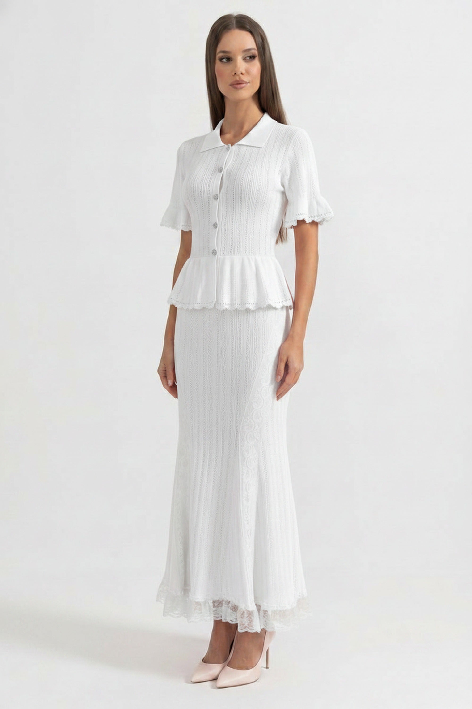 Robe longue peplum en maille à col Claudine avec ourlet en dentelle - Blanc 