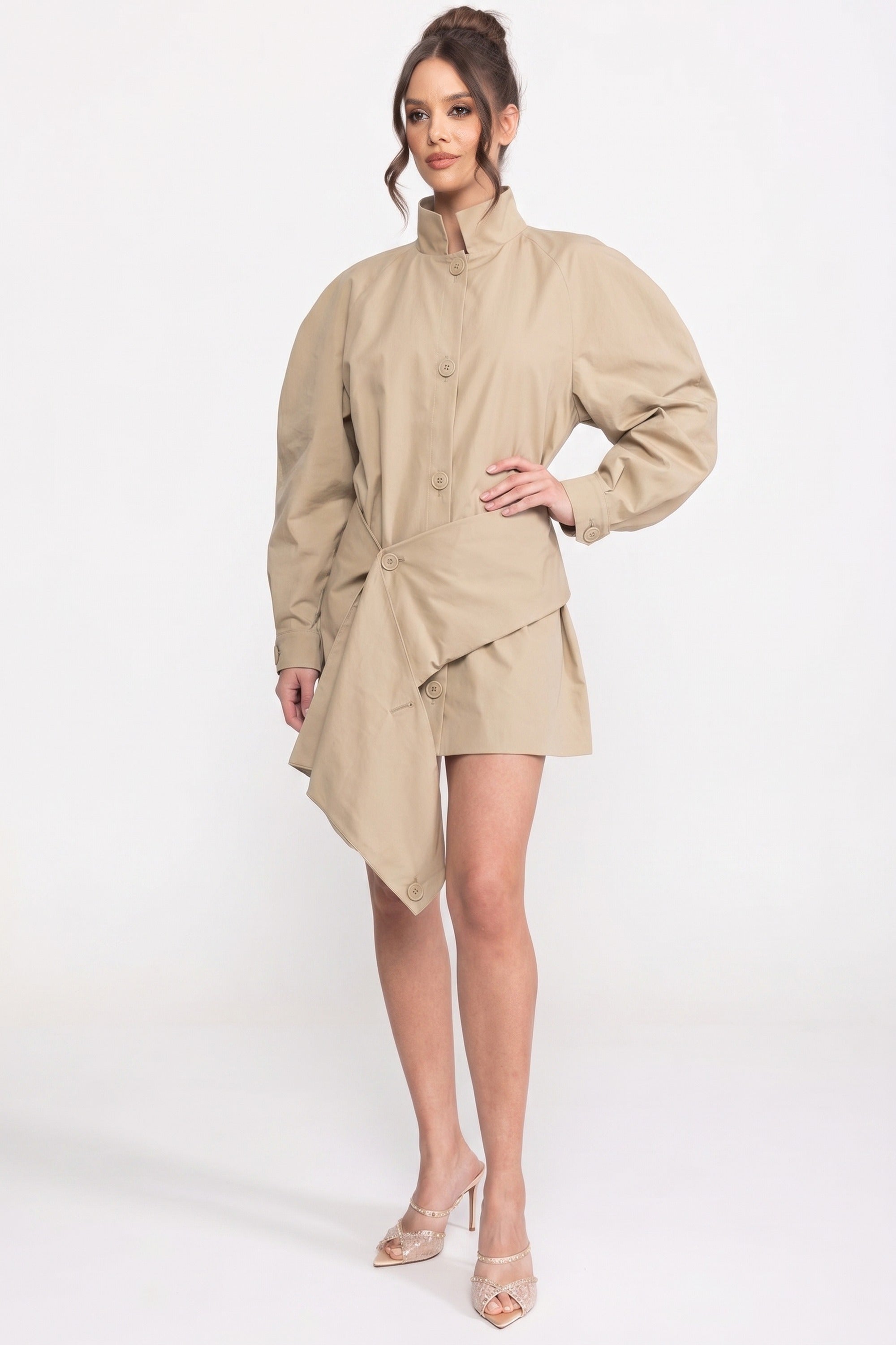 Oversized Balloon-Sleeve Belted Jacket With Asymmetric Hem - Khaki