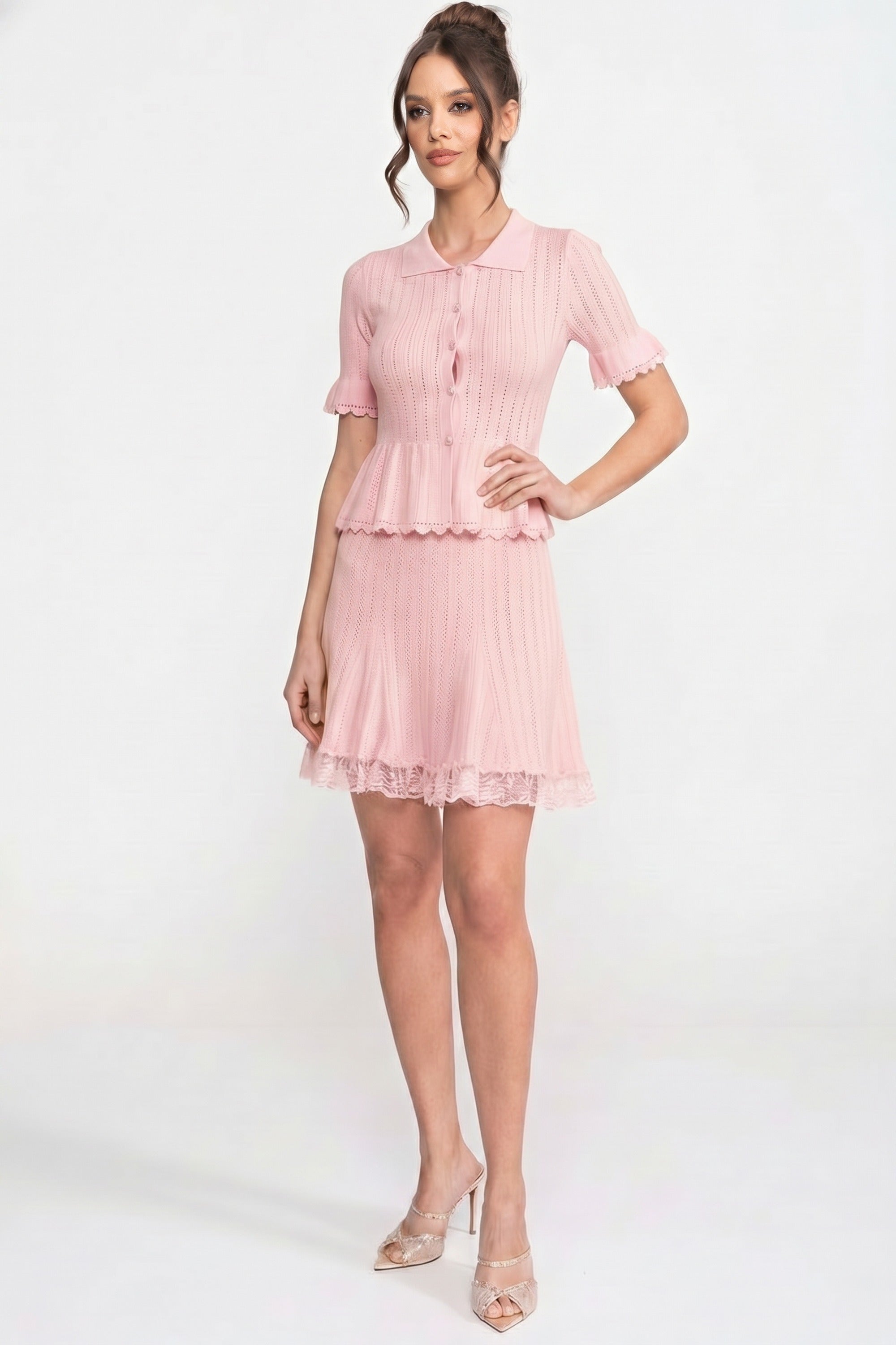 Robe mini en maille à peplum avec col Claudine et ourlet en dentelle - Rose 
