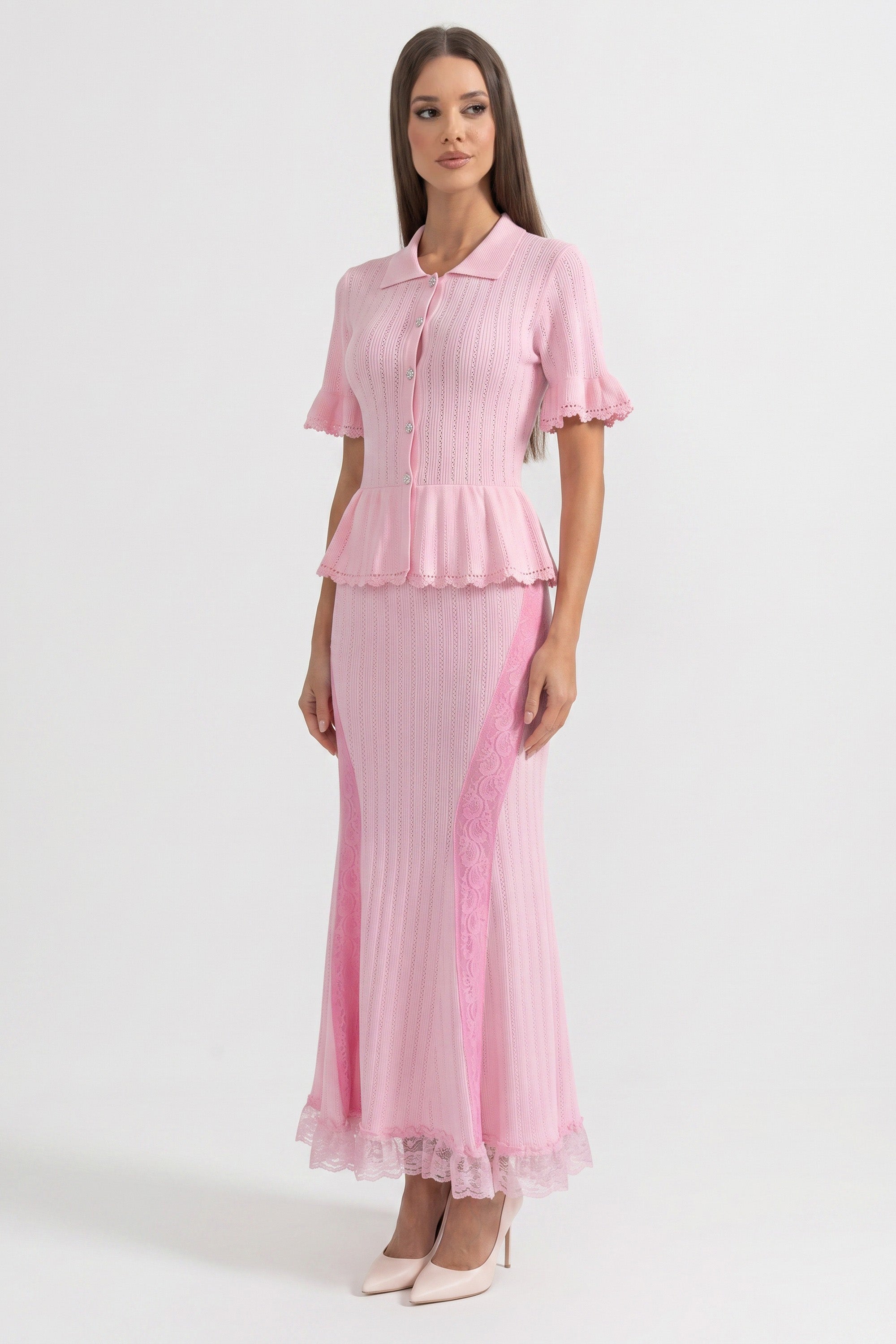 Robe maxi en maille à col Claudine et basque, avec ourlet en dentelle - Rose 