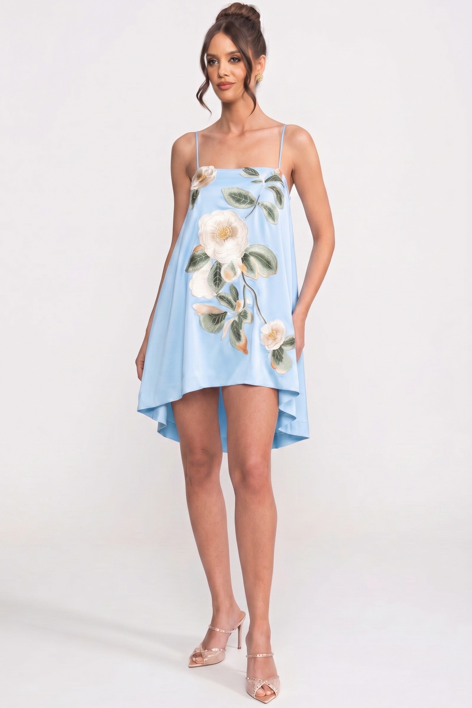 Spaghetti-Strap Mini Dress With 3D Floral Appliqué And A-Line Skirt - Blue