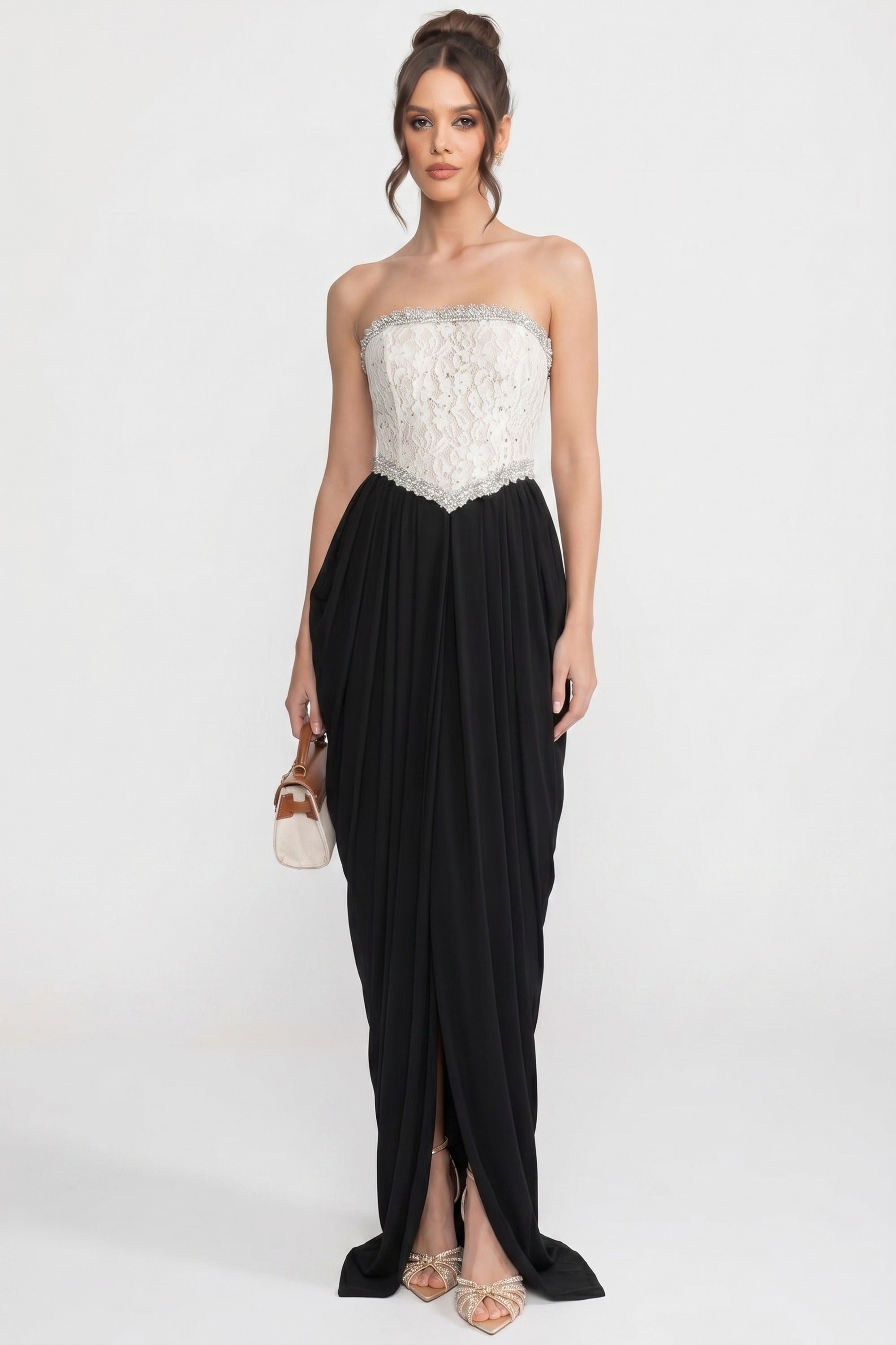 Robe bustier avec corset à fleurs en 3D et jupe noire drapée - Blanc+Noir 