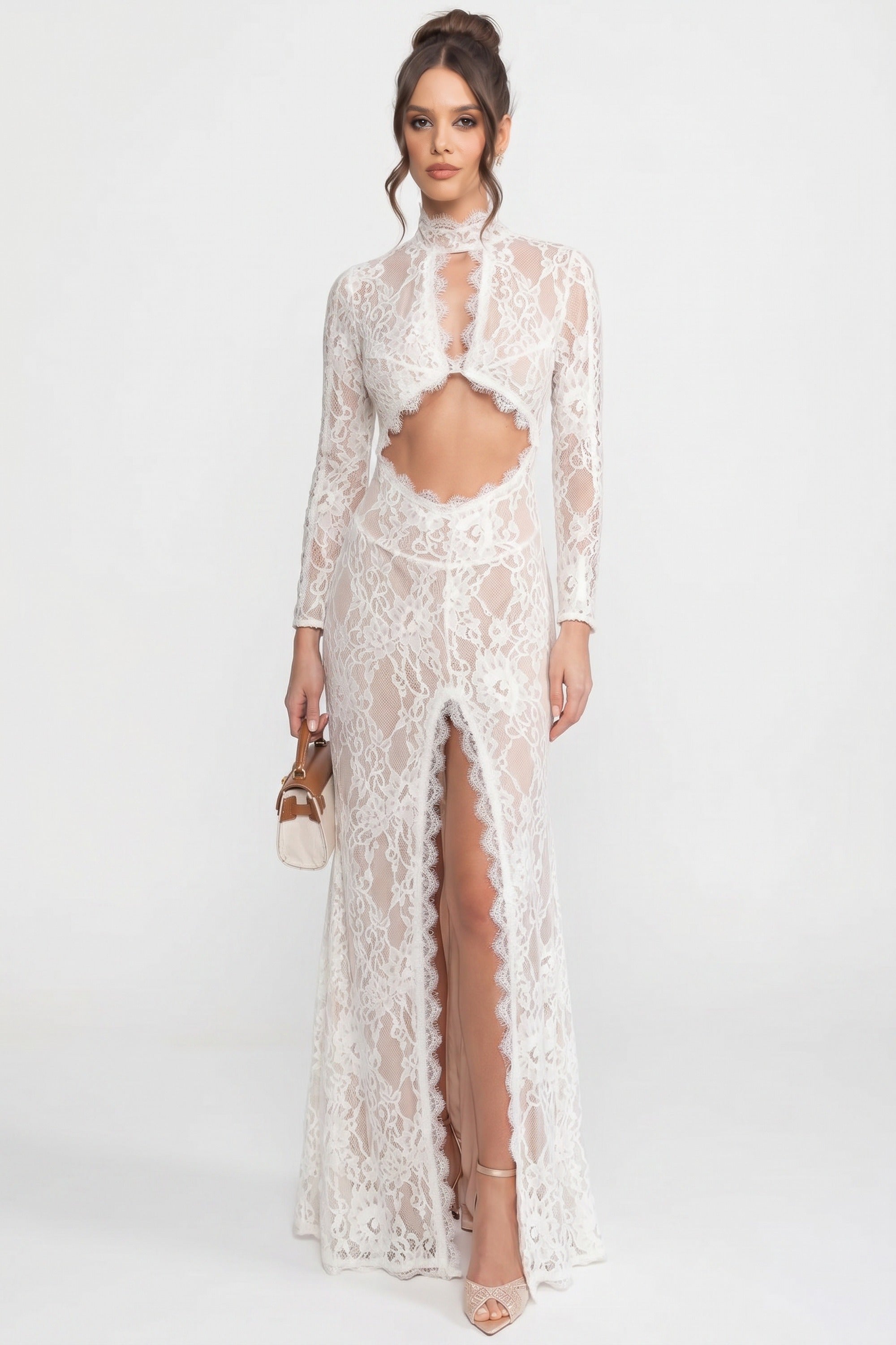 Robe élégante en dentelle avec col montant, découpe frontale et fente - blanc 